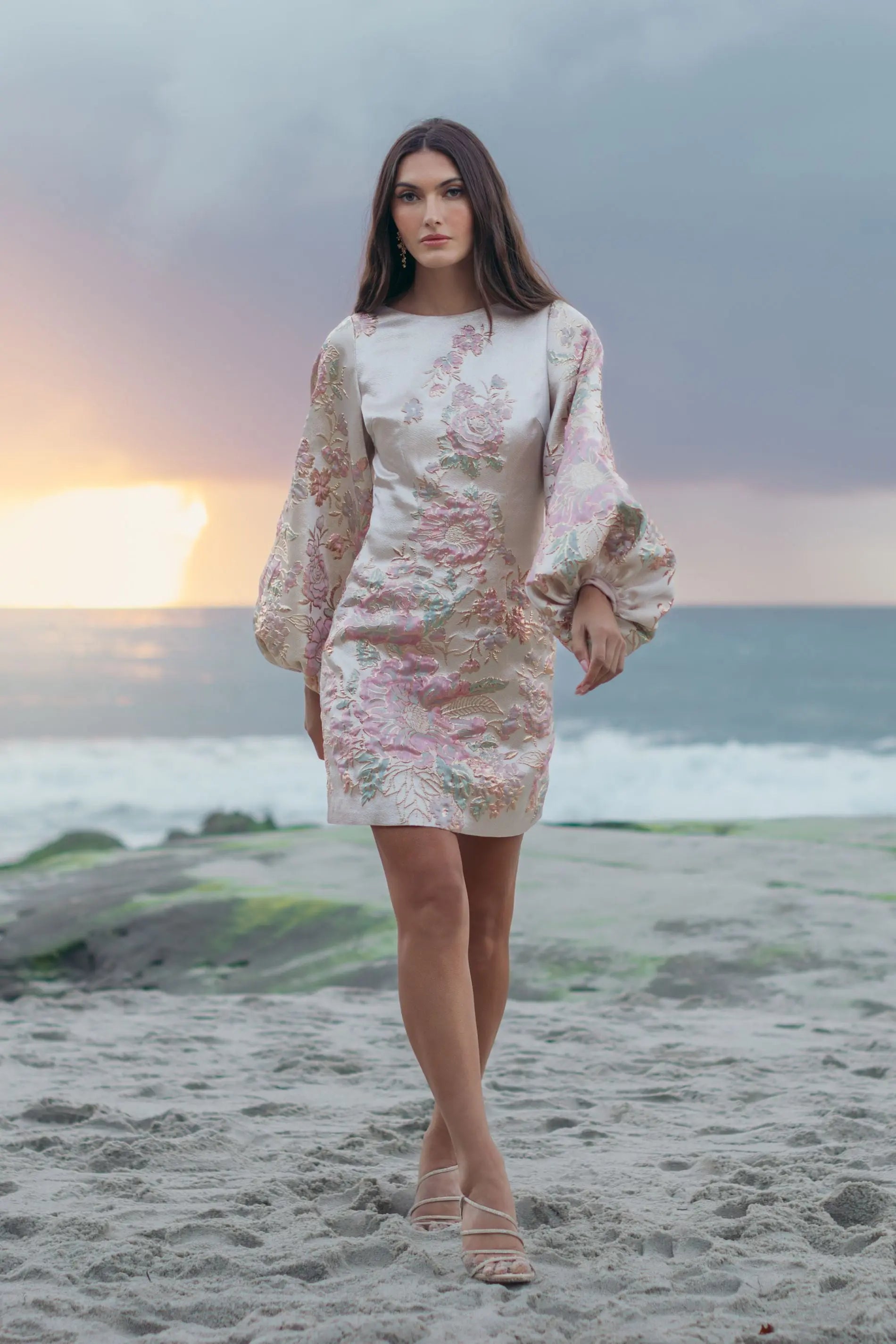 Ivory Brocade High Neck Long Sleeve Mini Dress-Myartka