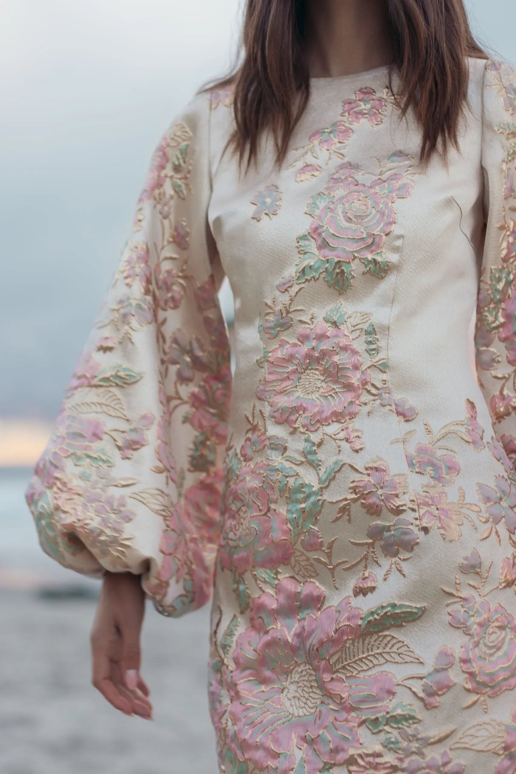 Ivory Brocade High Neck Long Sleeve Mini Dress-Myartka