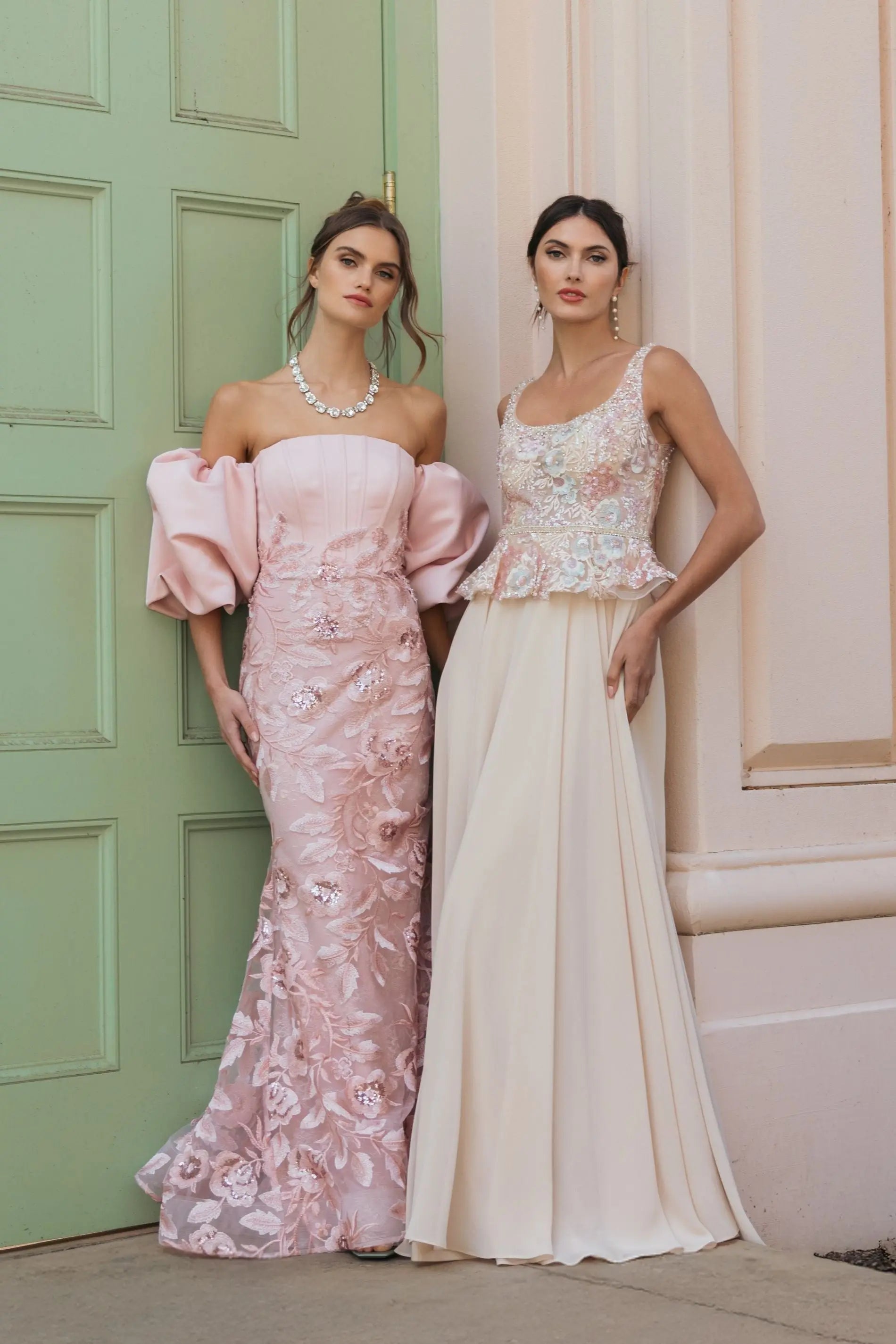 Beige Embroidered Peplum Top With Chiffon Skirt Gown-Myartka