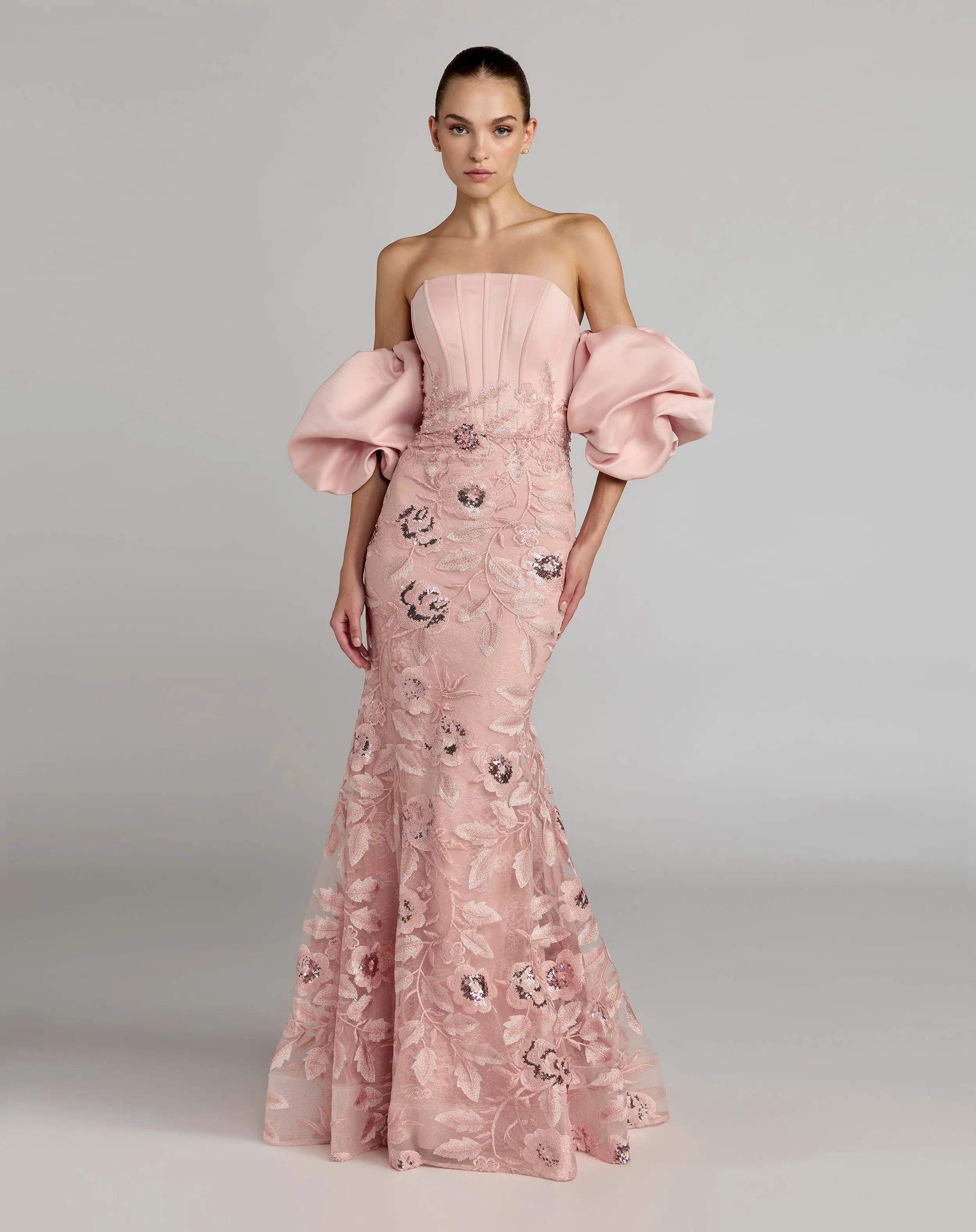 Pink Satin Off The Shoulder Embroidered Mermaid Gown-Myartka