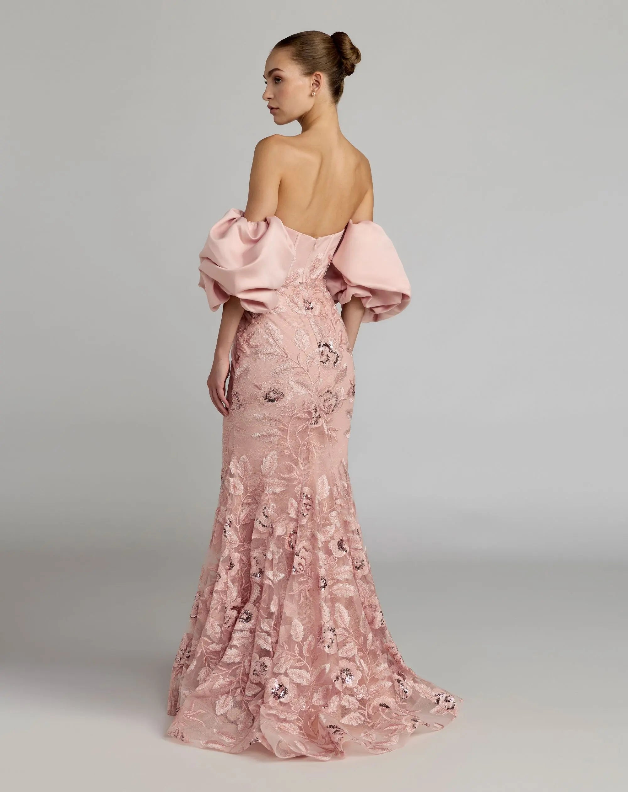 Pink Satin Off The Shoulder Embroidered Mermaid Gown-Myartka