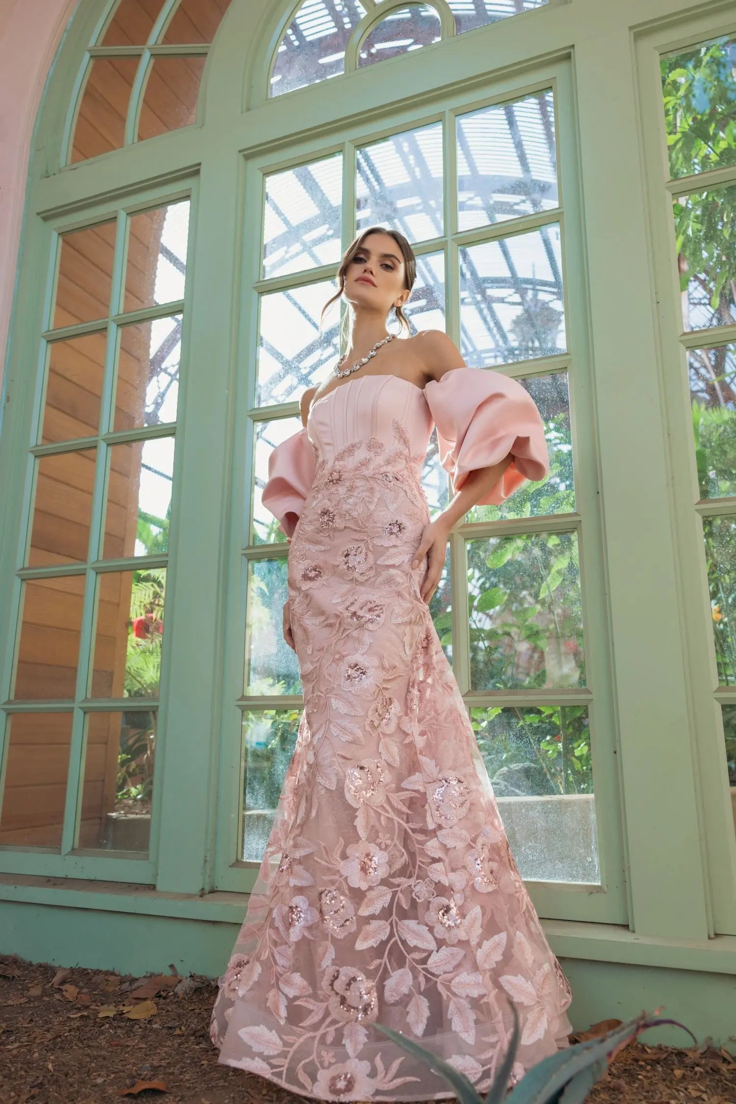 Pink Satin Off The Shoulder Embroidered Mermaid Gown-Myartka