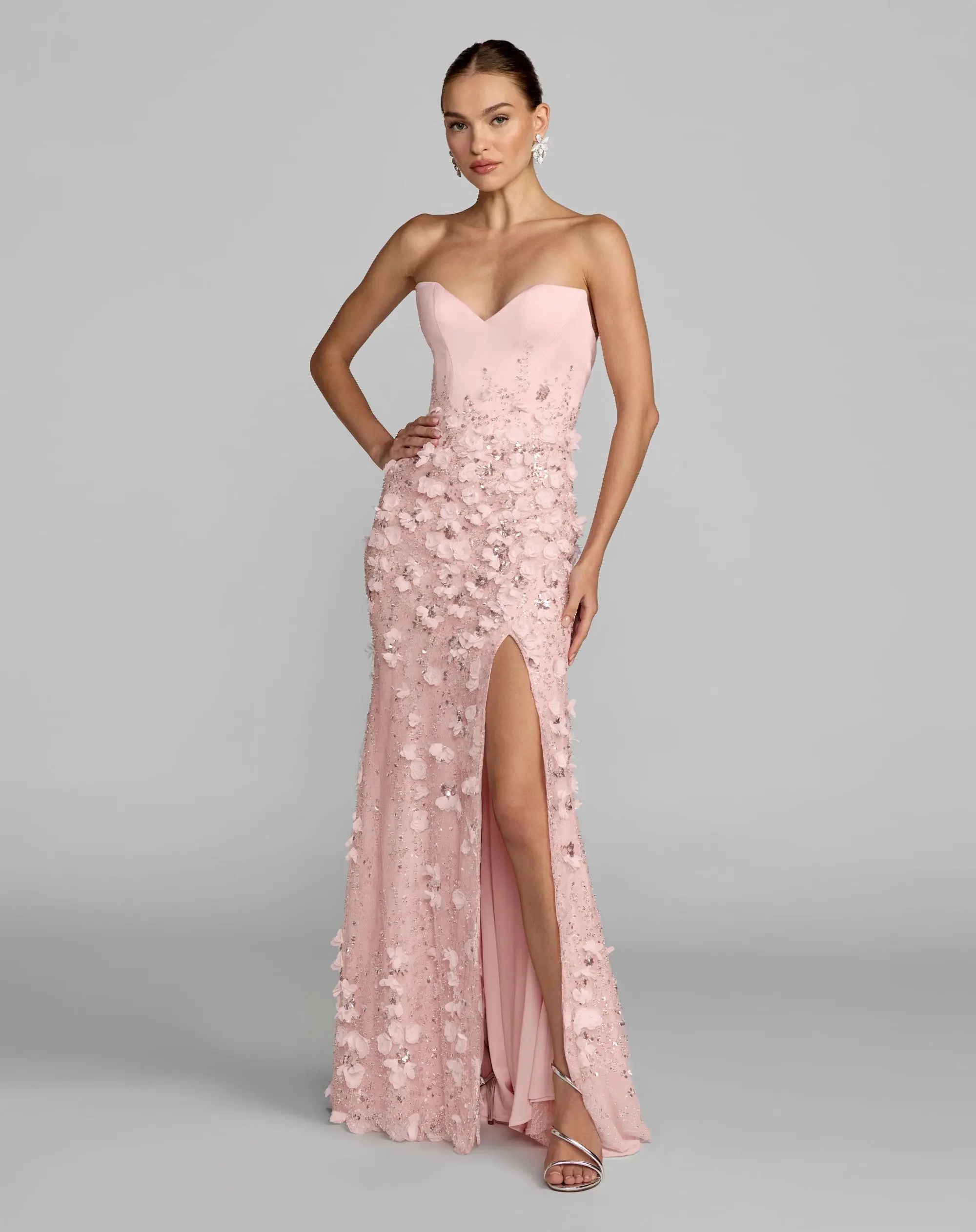 Pink Floral Satin Strapless Sweetheart Gown With Slit-Myartka