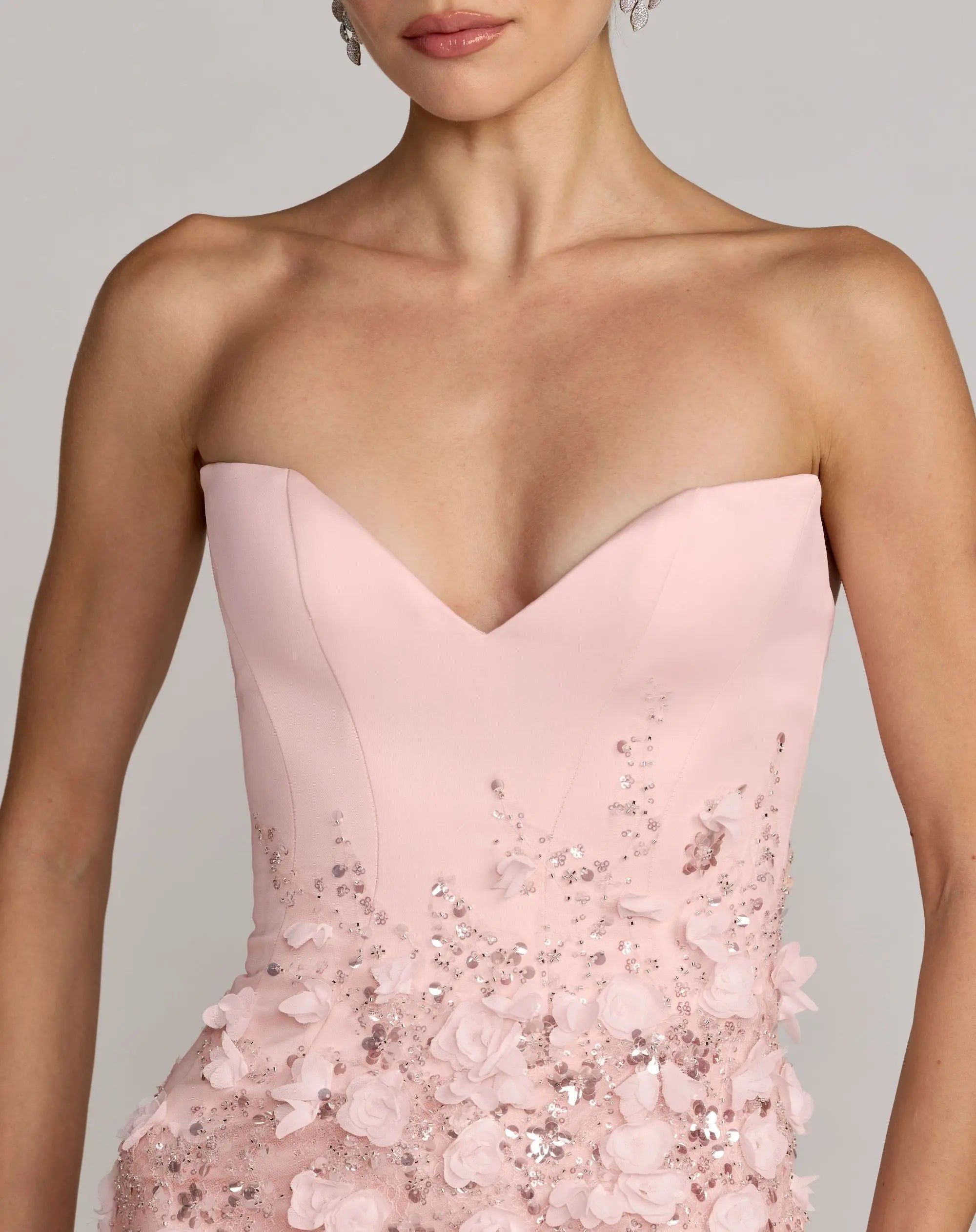 Pink Floral Satin Strapless Sweetheart Gown With Slit-Myartka
