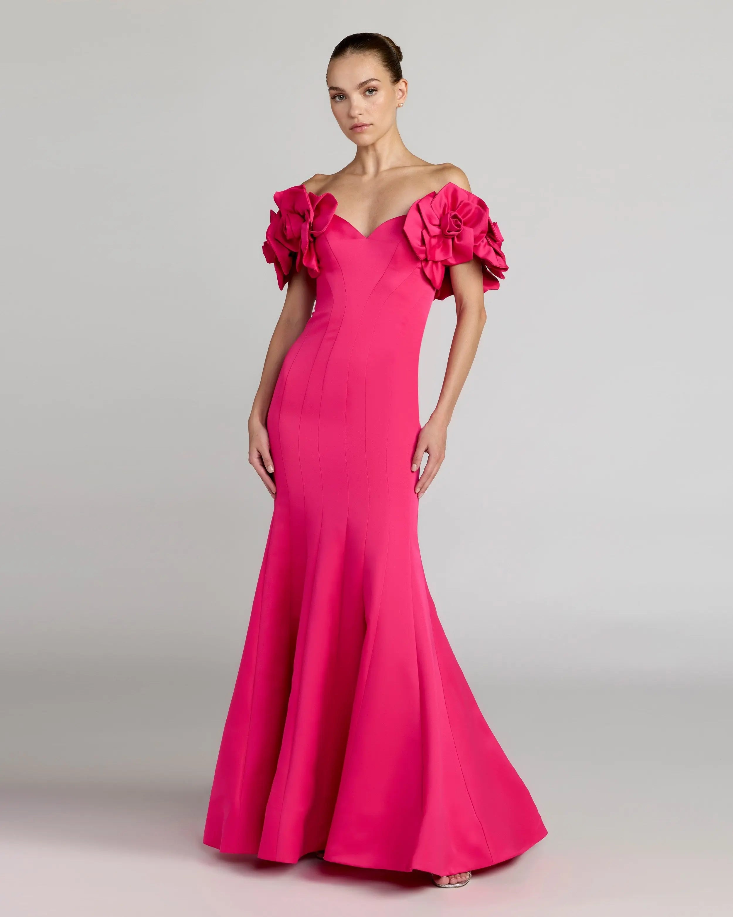 Pink Off The Shoulder Gown with 3D Floral Sleeves-Myartka