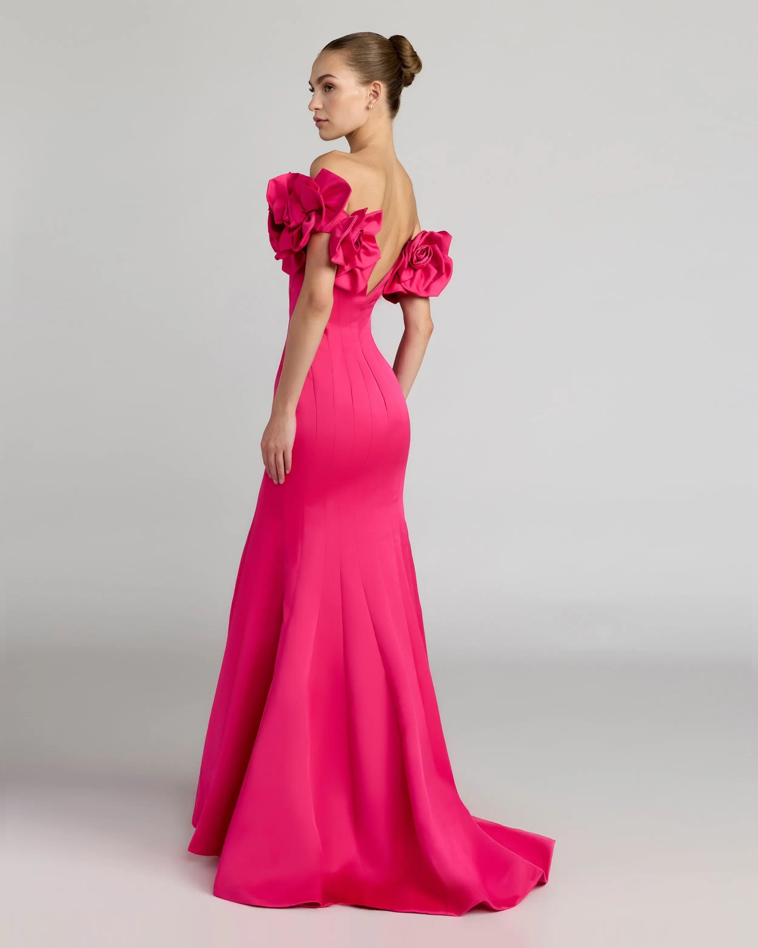 Pink Off The Shoulder Gown with 3D Floral Sleeves-Myartka