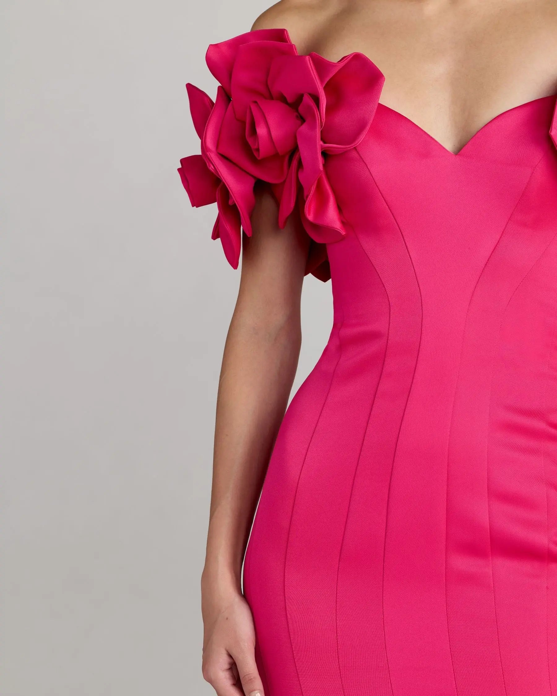 Pink Off The Shoulder Gown with 3D Floral Sleeves-Myartka