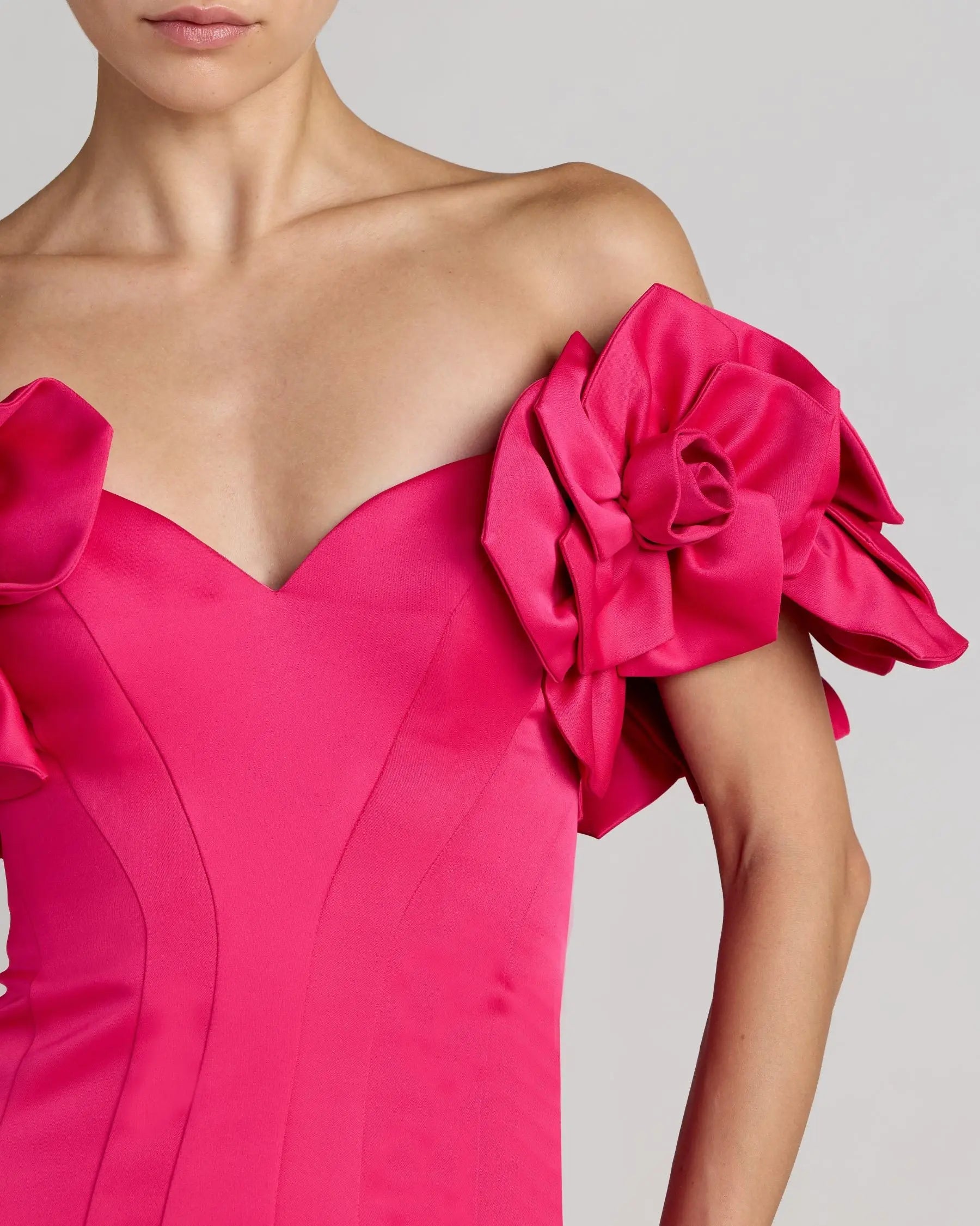 Pink Off The Shoulder Gown with 3D Floral Sleeves-Myartka
