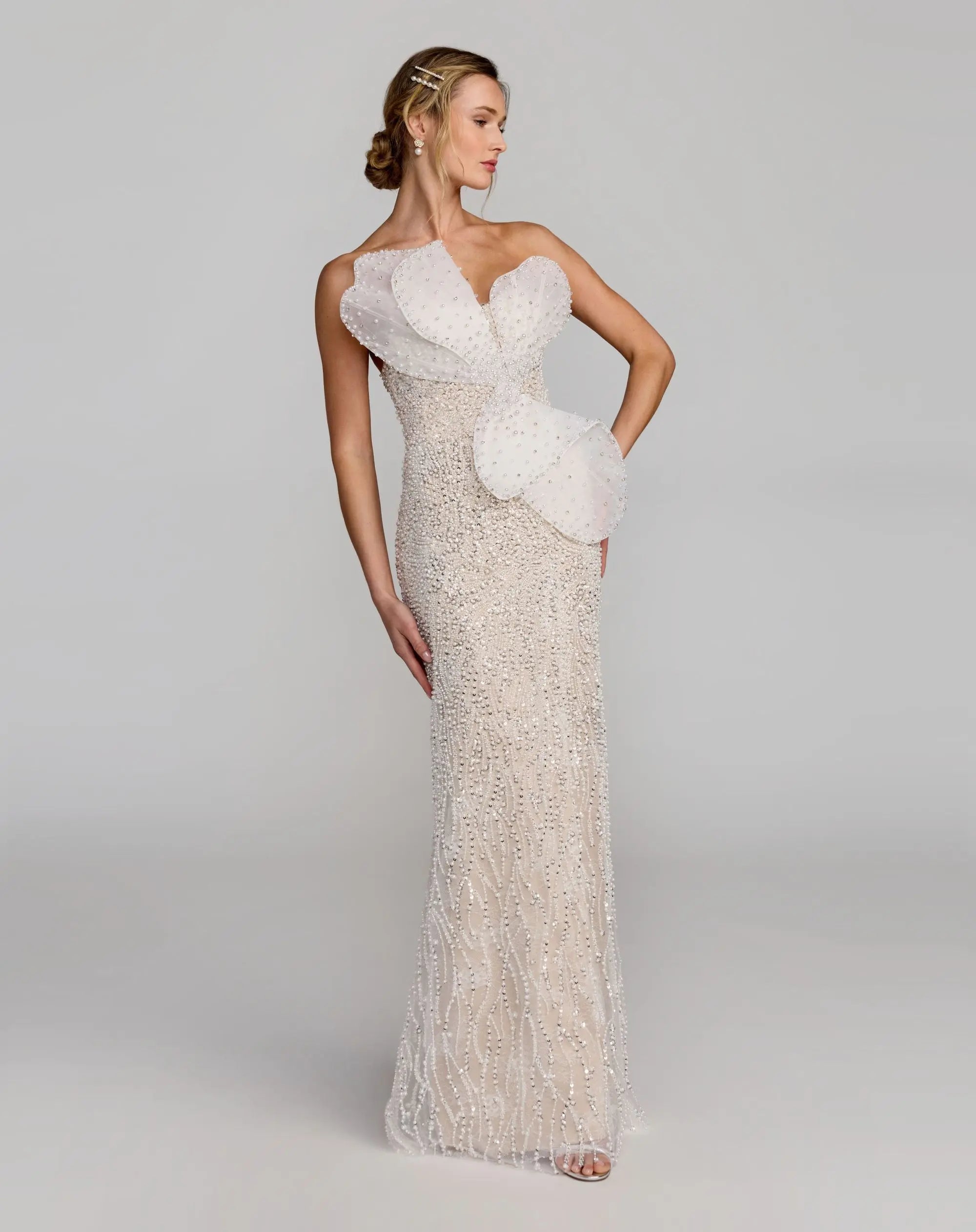 Ivory Strapless Embellished Column Gown With 3D Petals-Myartka