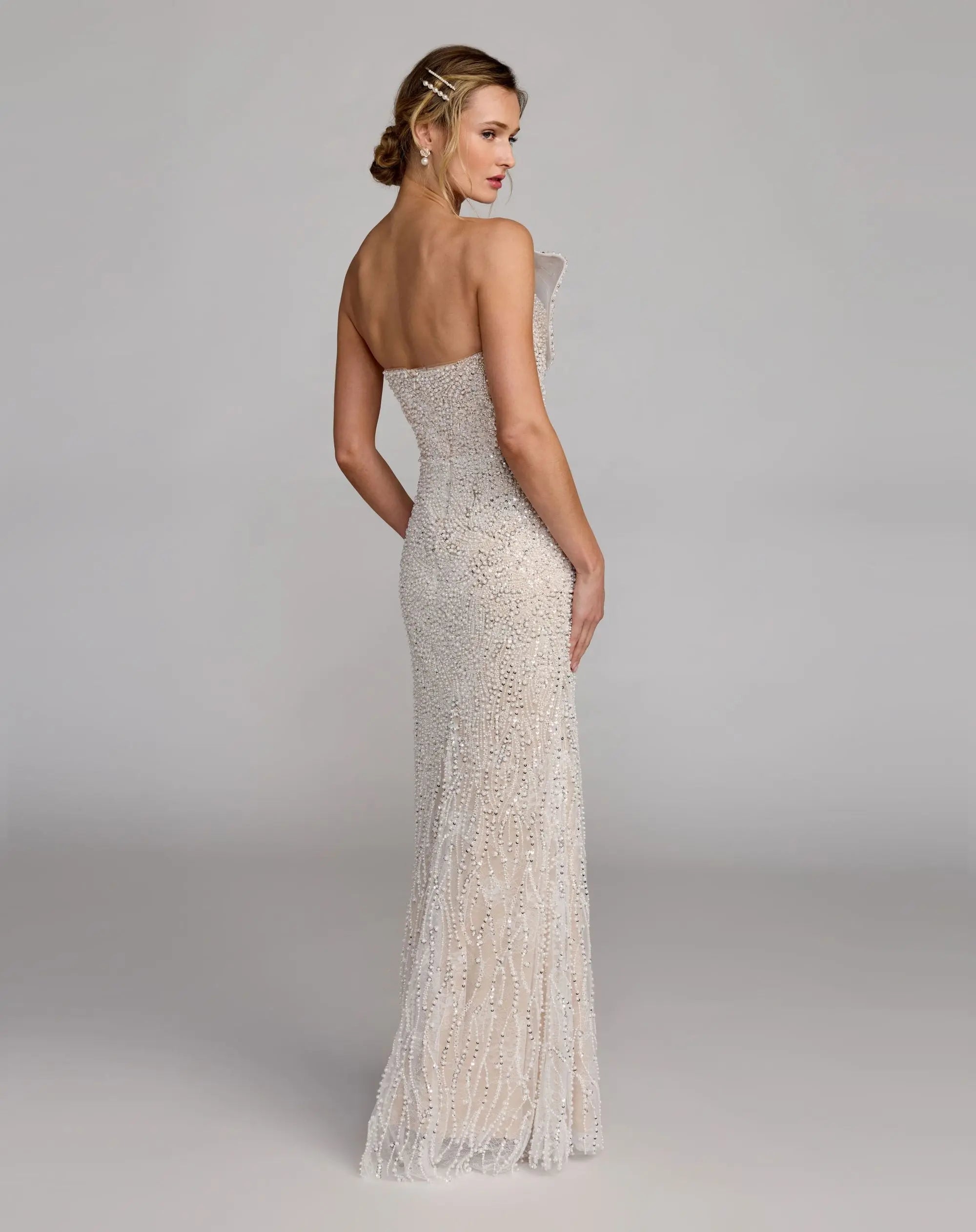 Ivory Strapless Embellished Column Gown With 3D Petals-Myartka