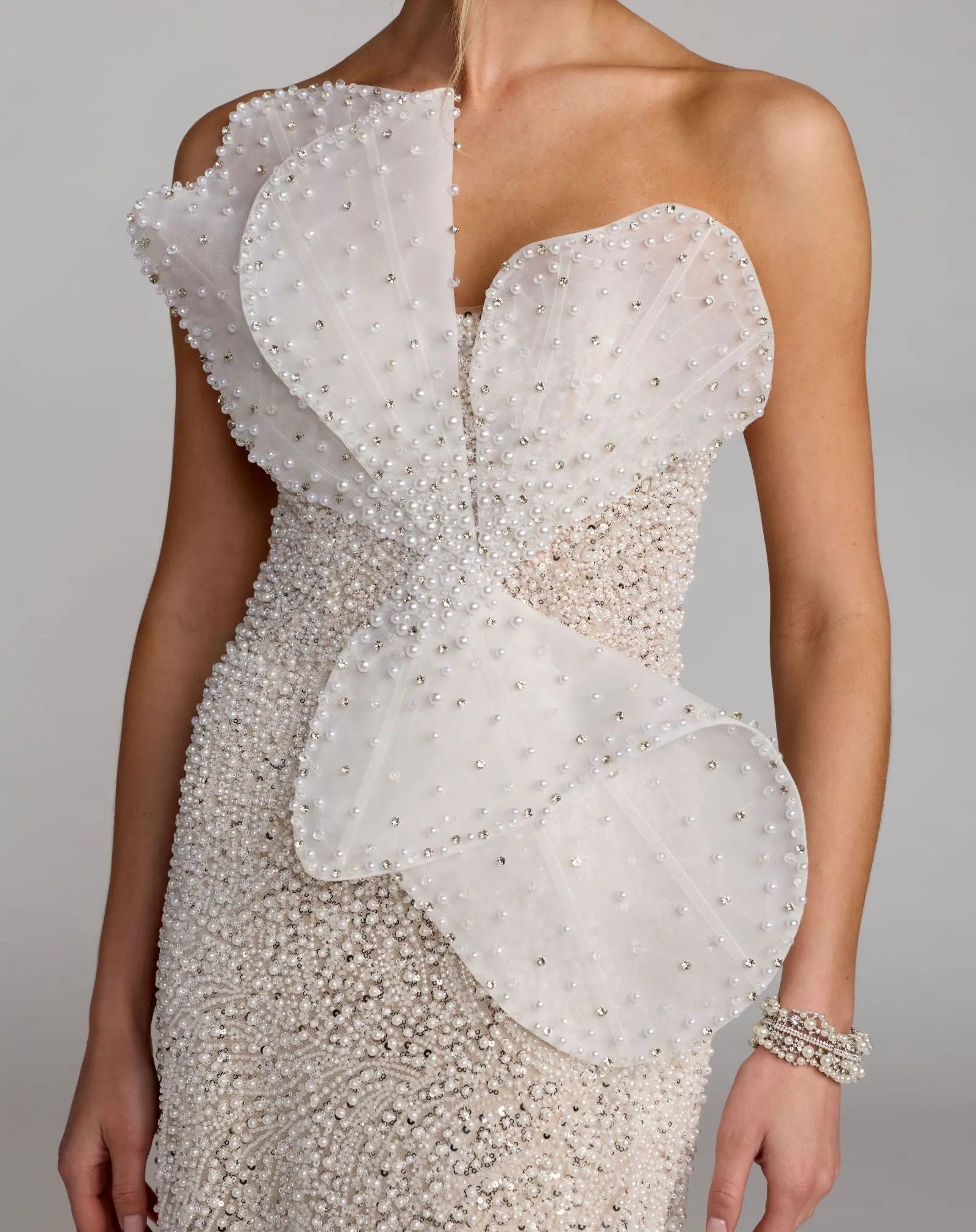 Ivory Strapless Embellished Column Gown With 3D Petals-Myartka
