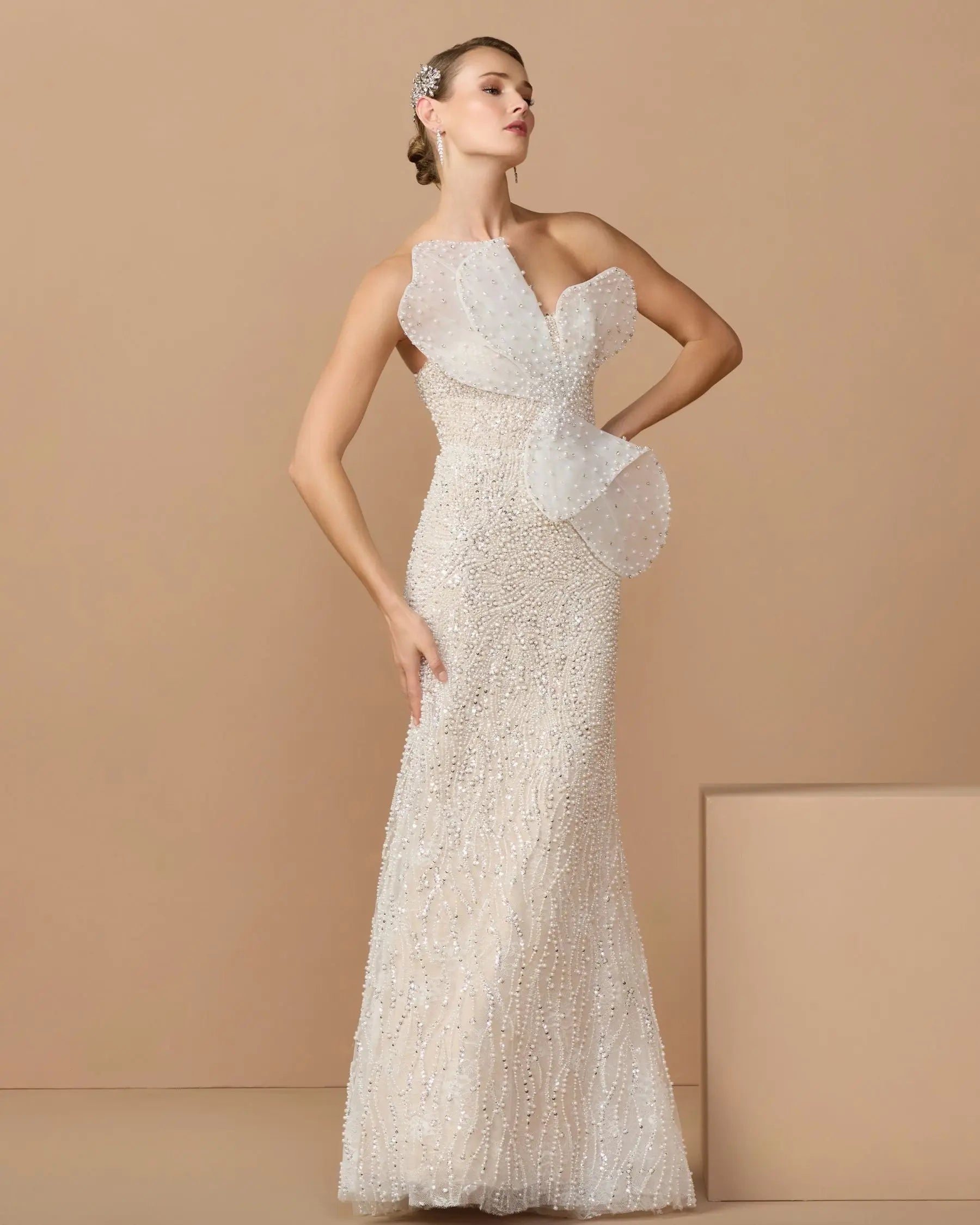 Ivory Strapless Embellished Column Gown With 3D Petals-Myartka