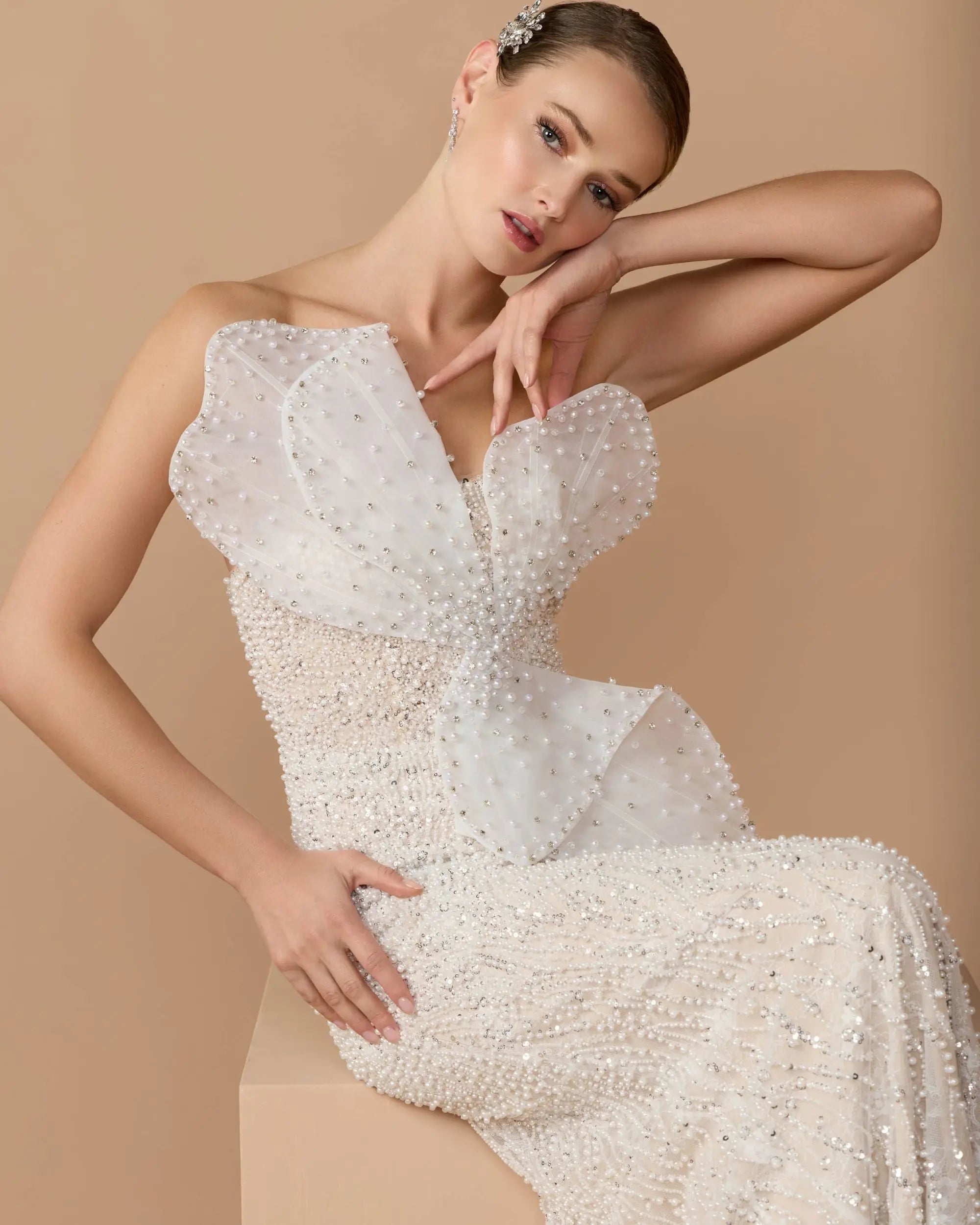 Ivory Strapless Embellished Column Gown With 3D Petals-Myartka
