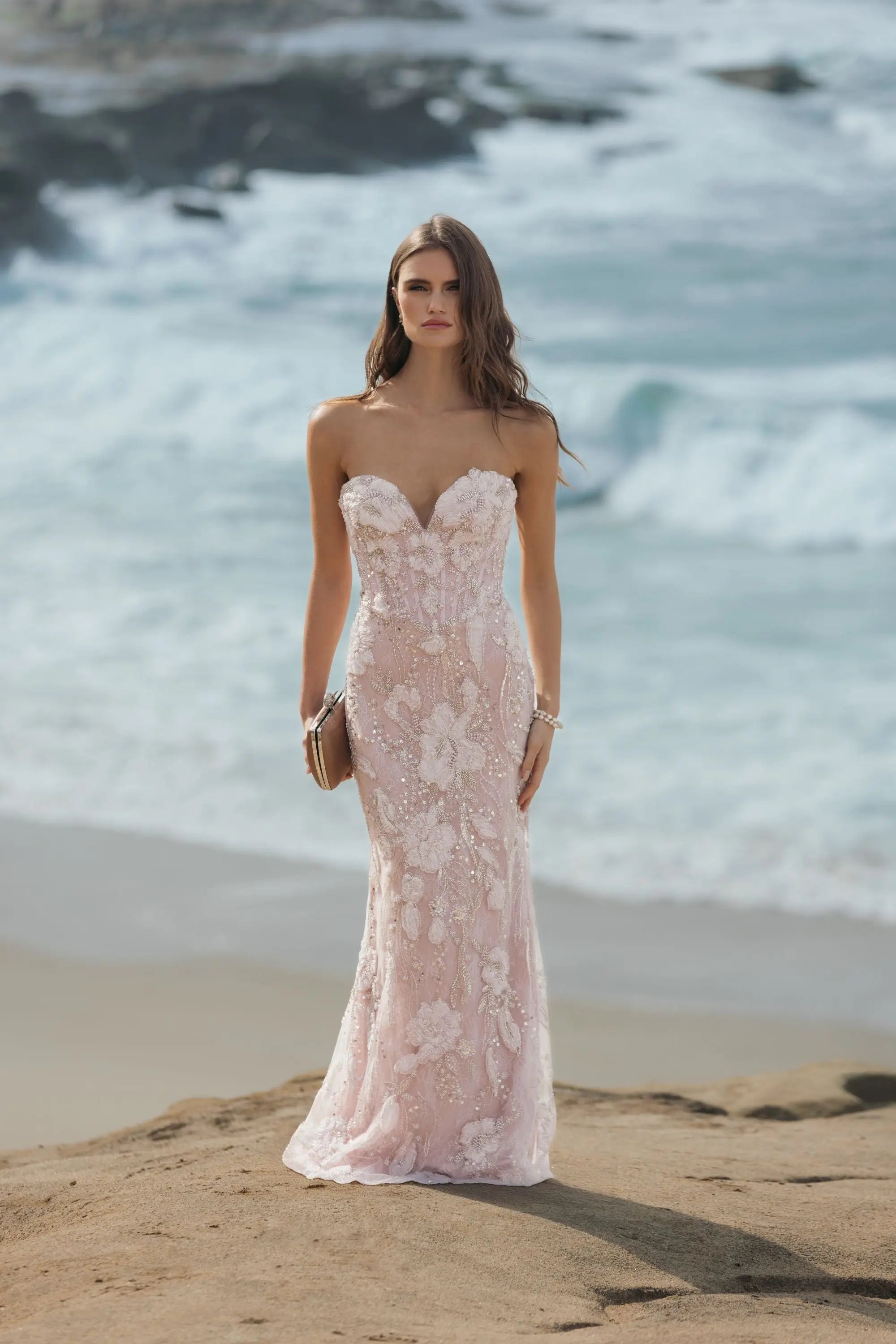 Pink Embellished Lace Strapless Sweetheart Gown-Myartka