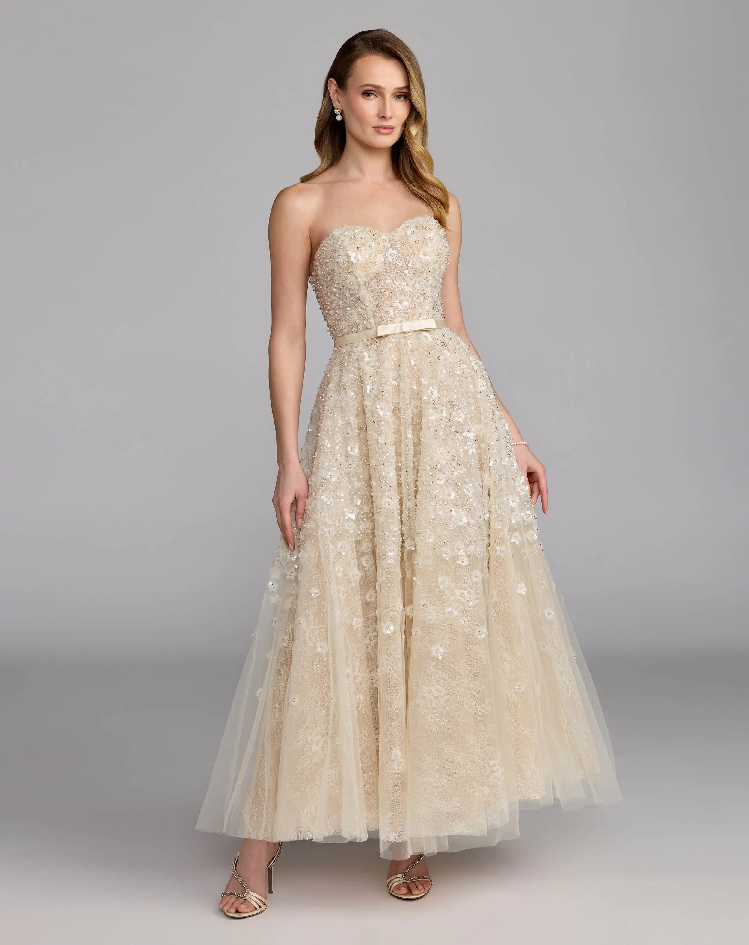 Ivory Strapless Embellished Lace A-Line Midi Dress-Myartka