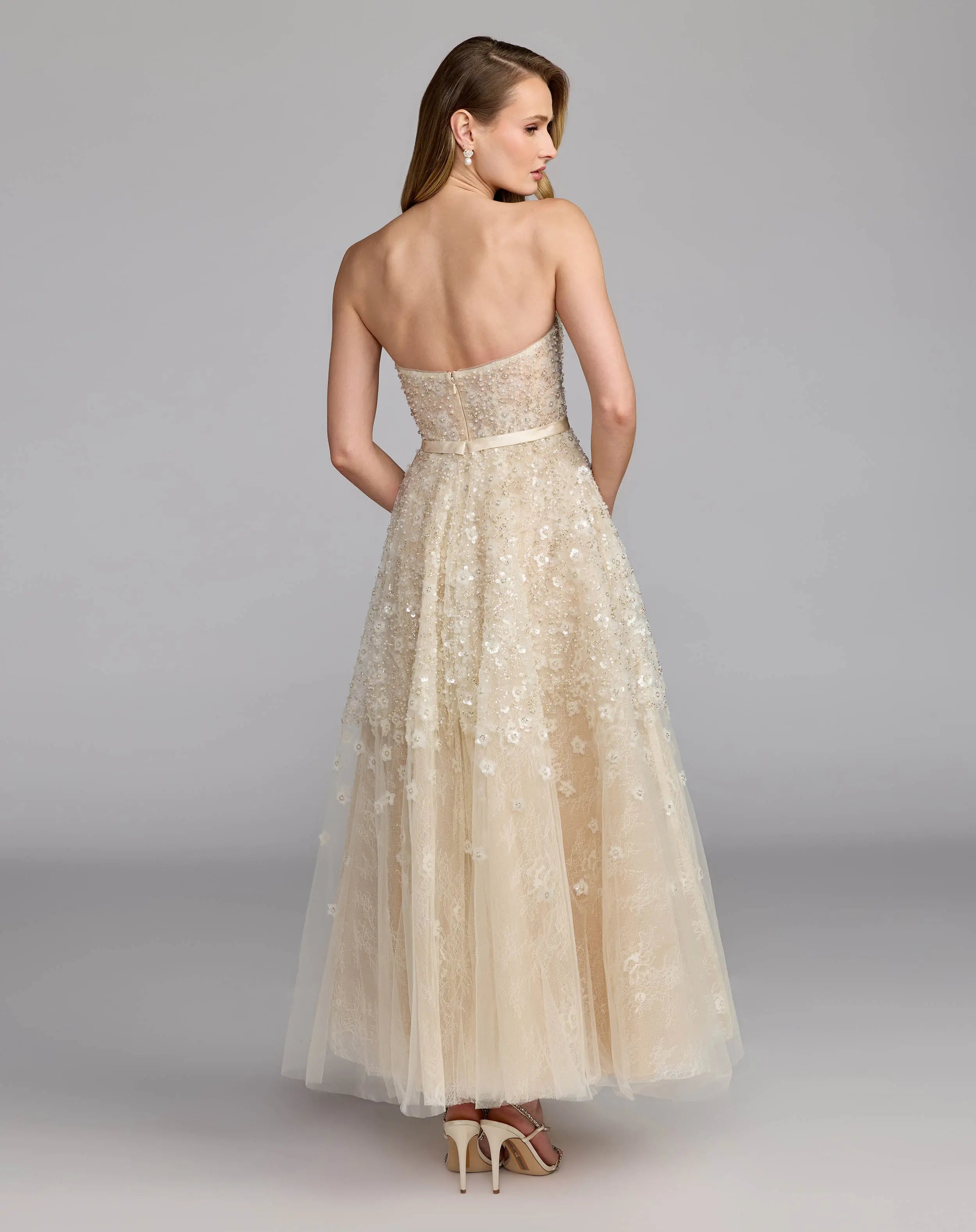 Ivory Strapless Embellished Lace A-Line Midi Dress-Myartka