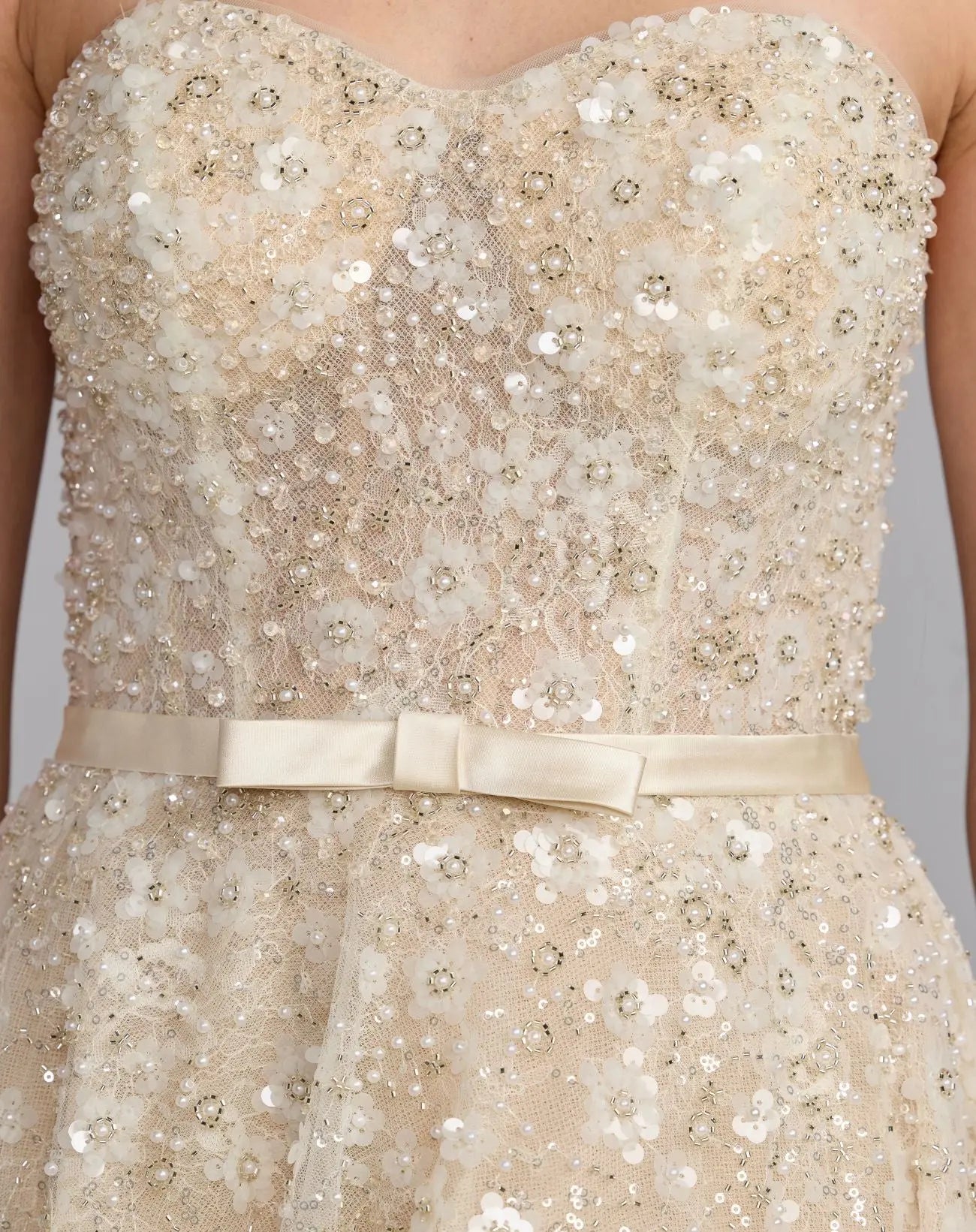 Ivory Strapless Embellished Lace A-Line Midi Dress-Myartka