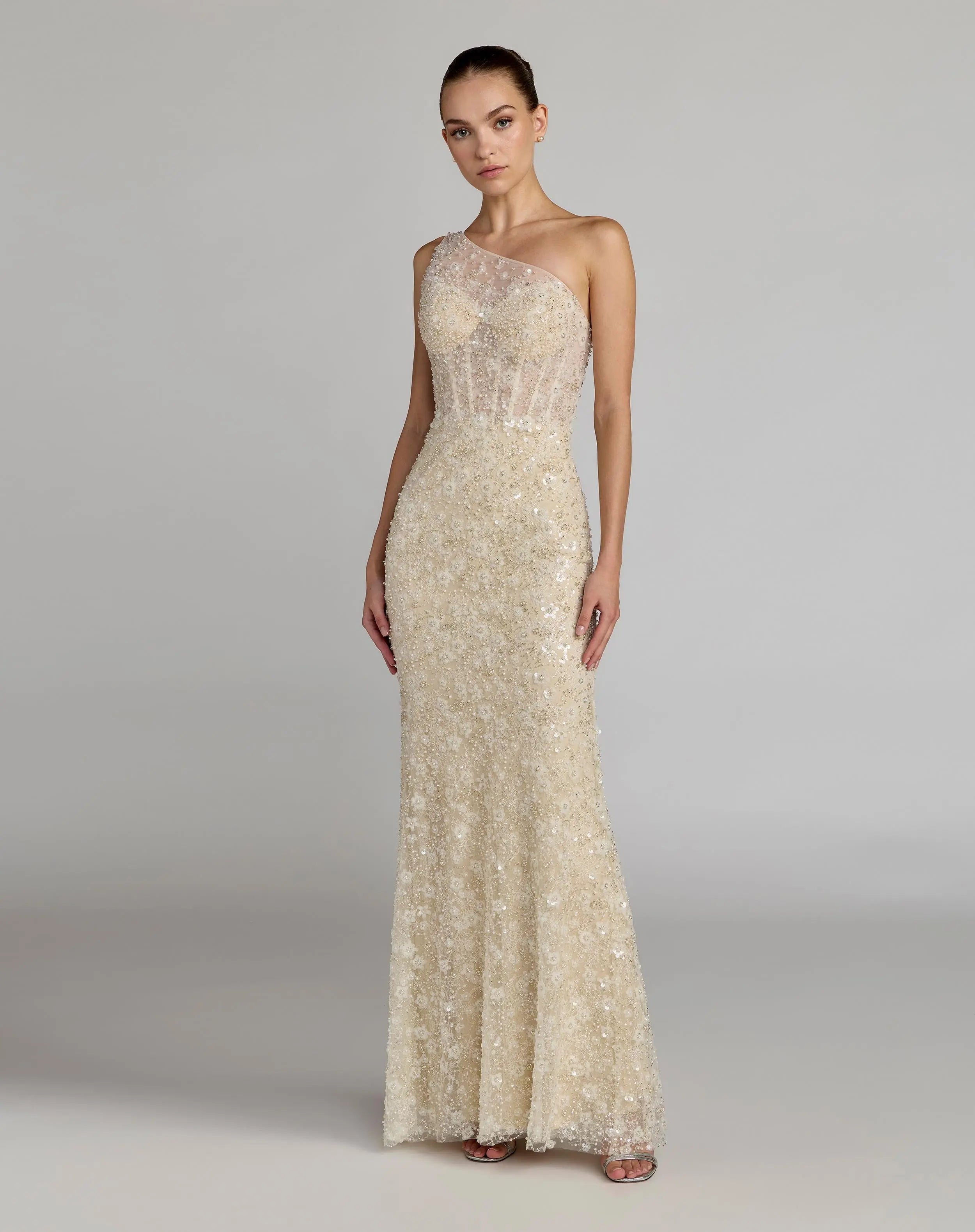 Beige Embellished One Shoulder Column Gown-Myartka