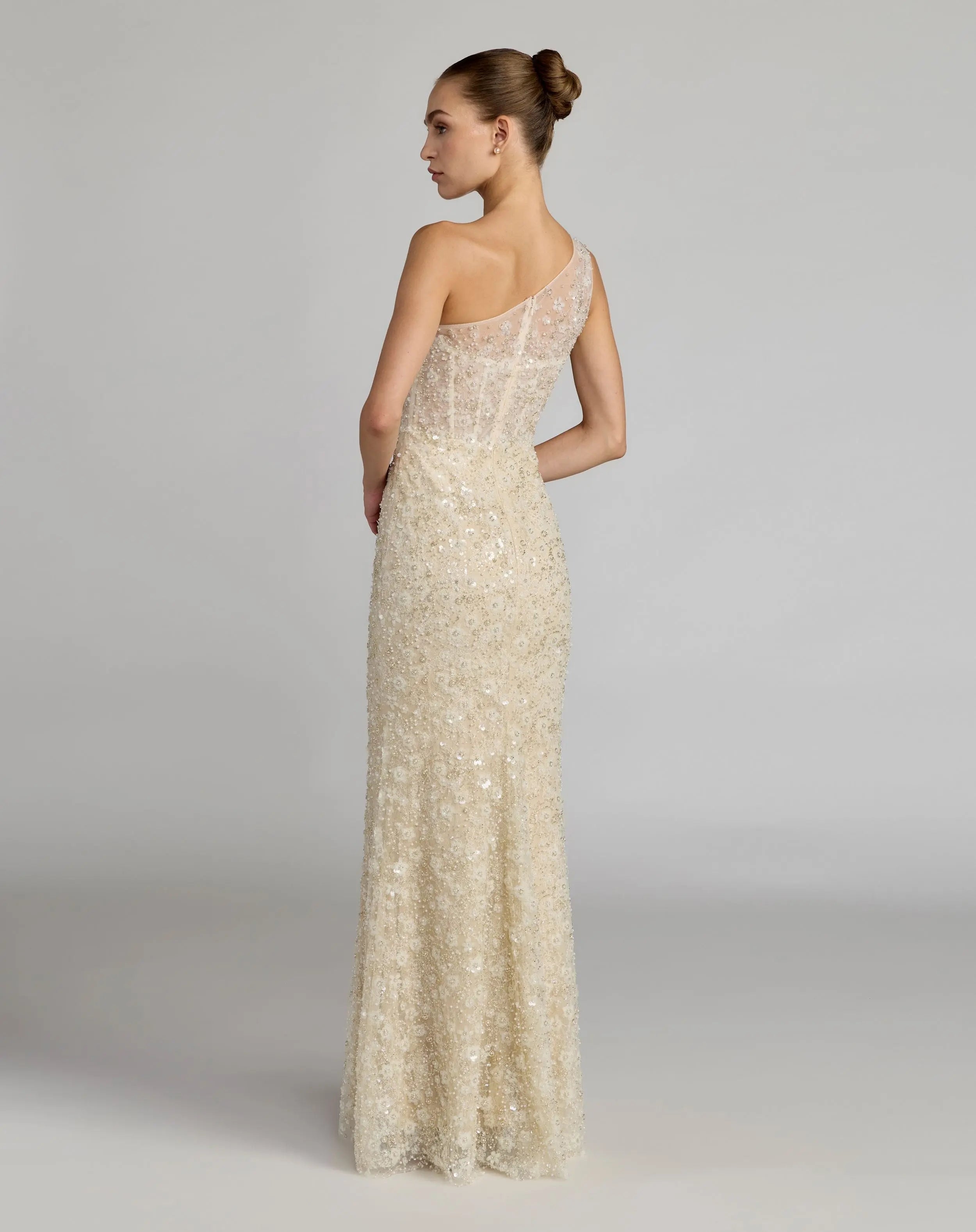 Beige Embellished One Shoulder Column Gown-Myartka