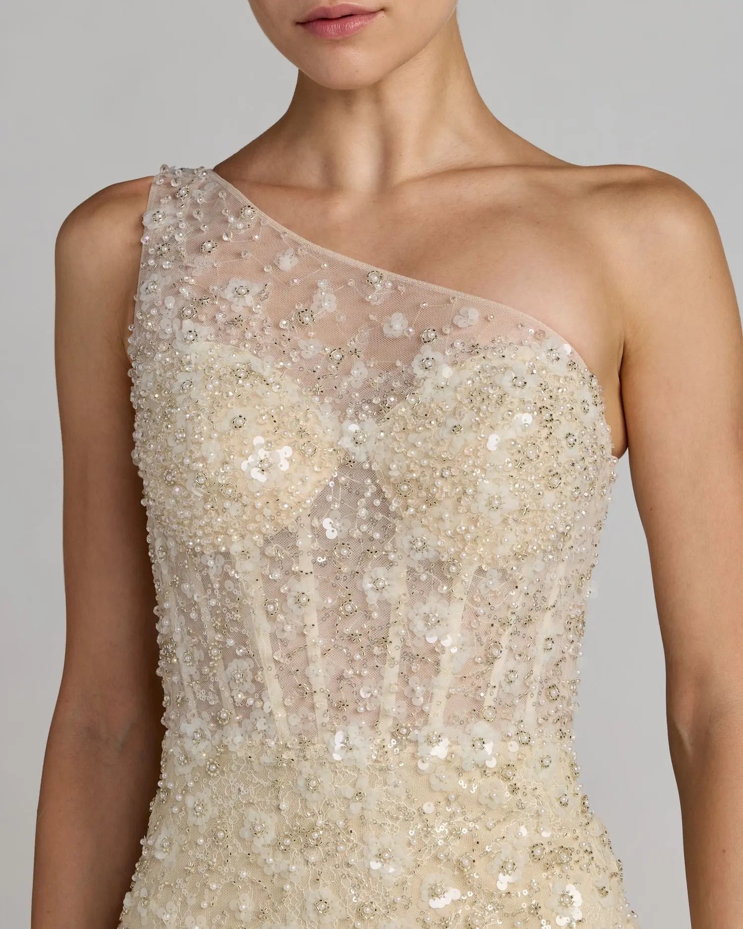 Beige Embellished One Shoulder Column Gown-Myartka