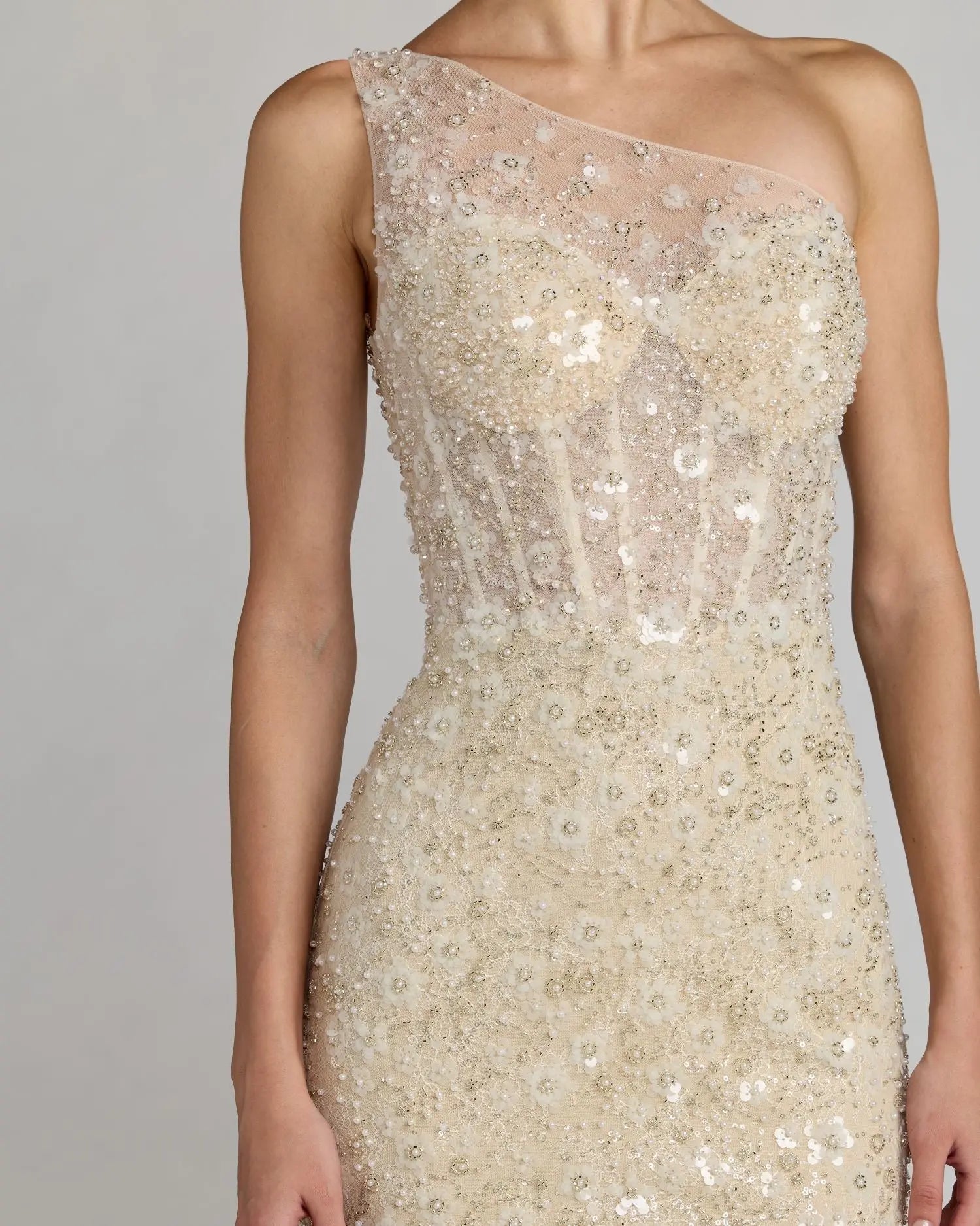 Beige Embellished One Shoulder Column Gown-Myartka