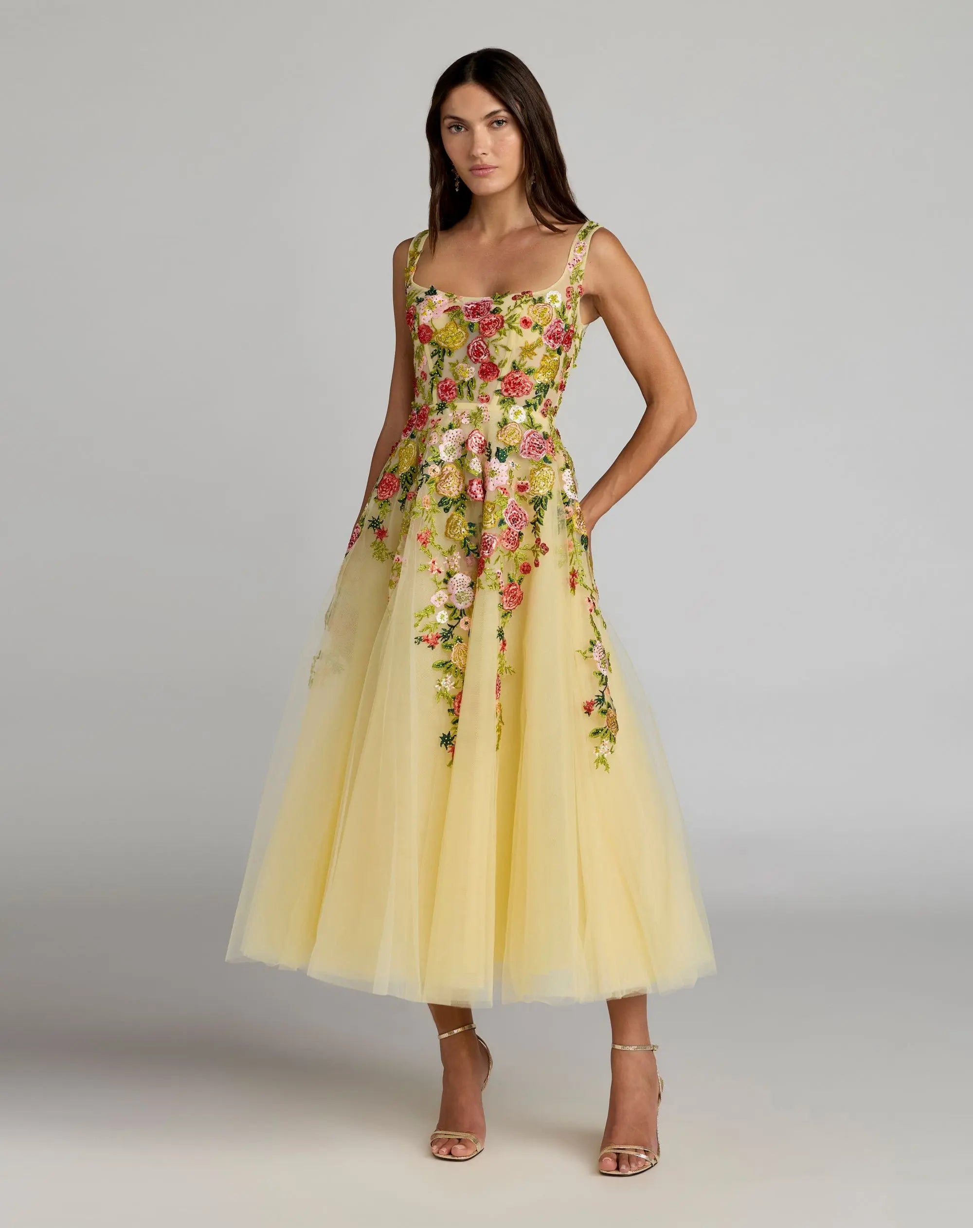 Yellow Embroidered Tulle A-Line Midi Dress-Myartka