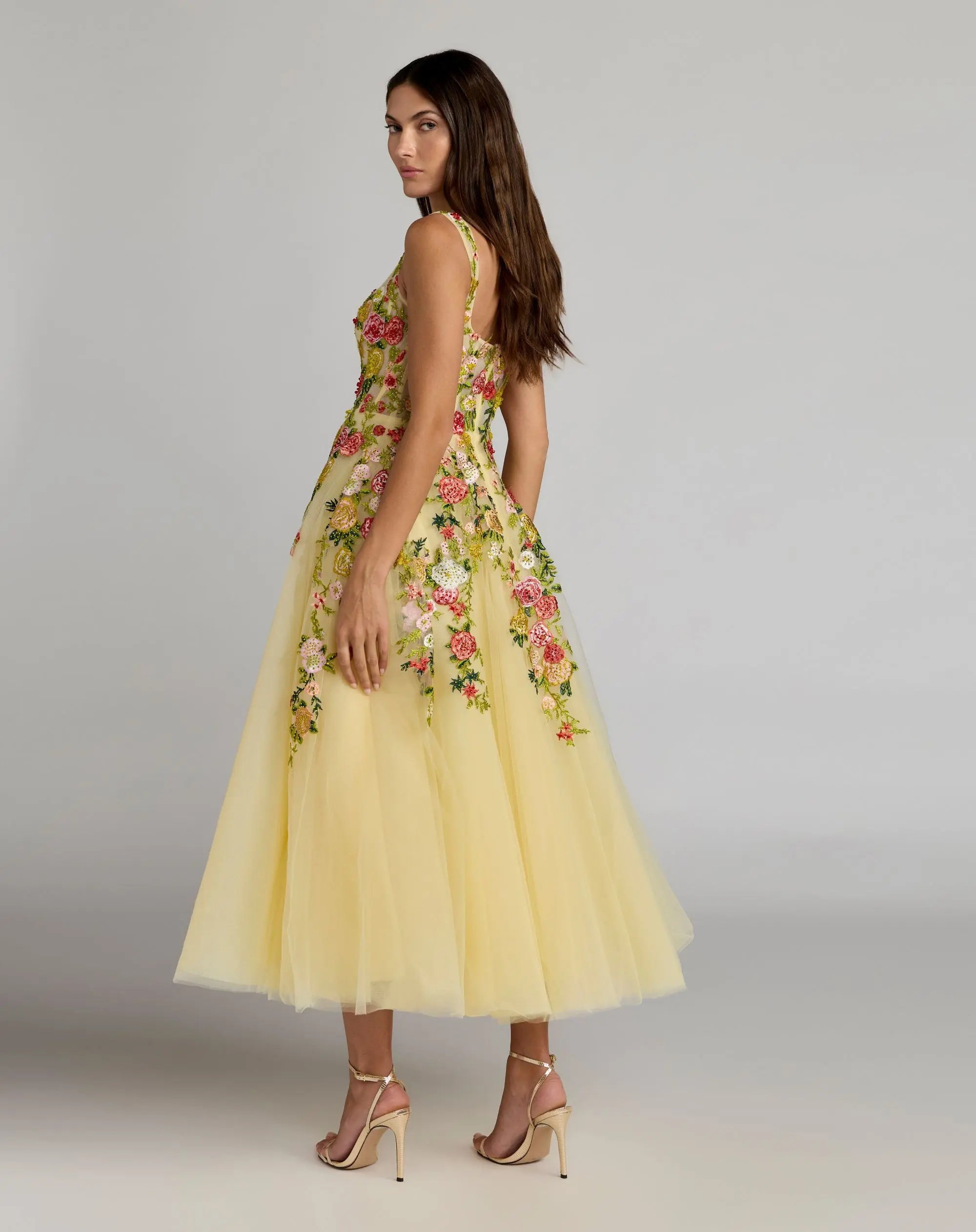 Yellow Embroidered Tulle A-Line Midi Dress-Myartka