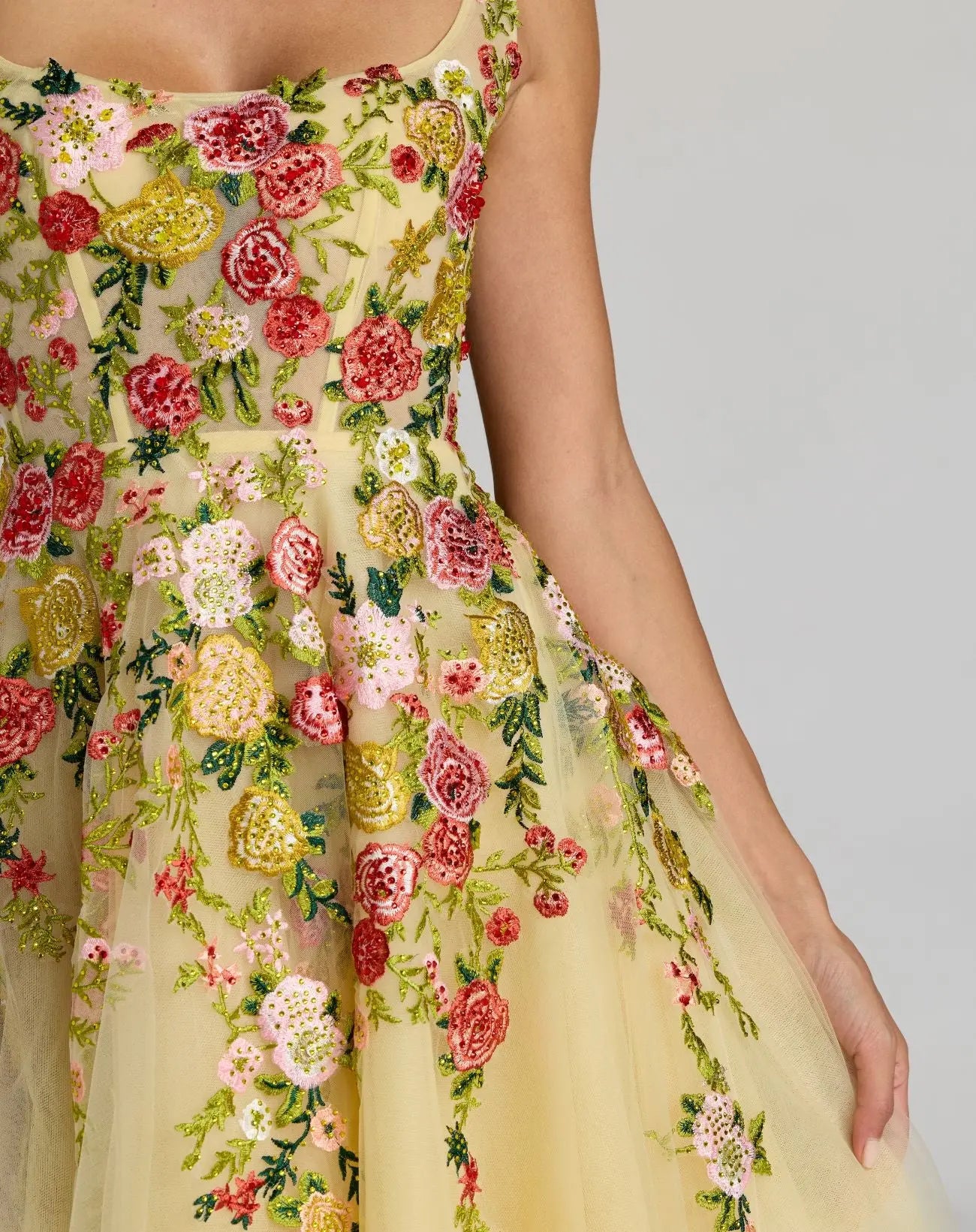 Yellow Embroidered Tulle A-Line Midi Dress-Myartka
