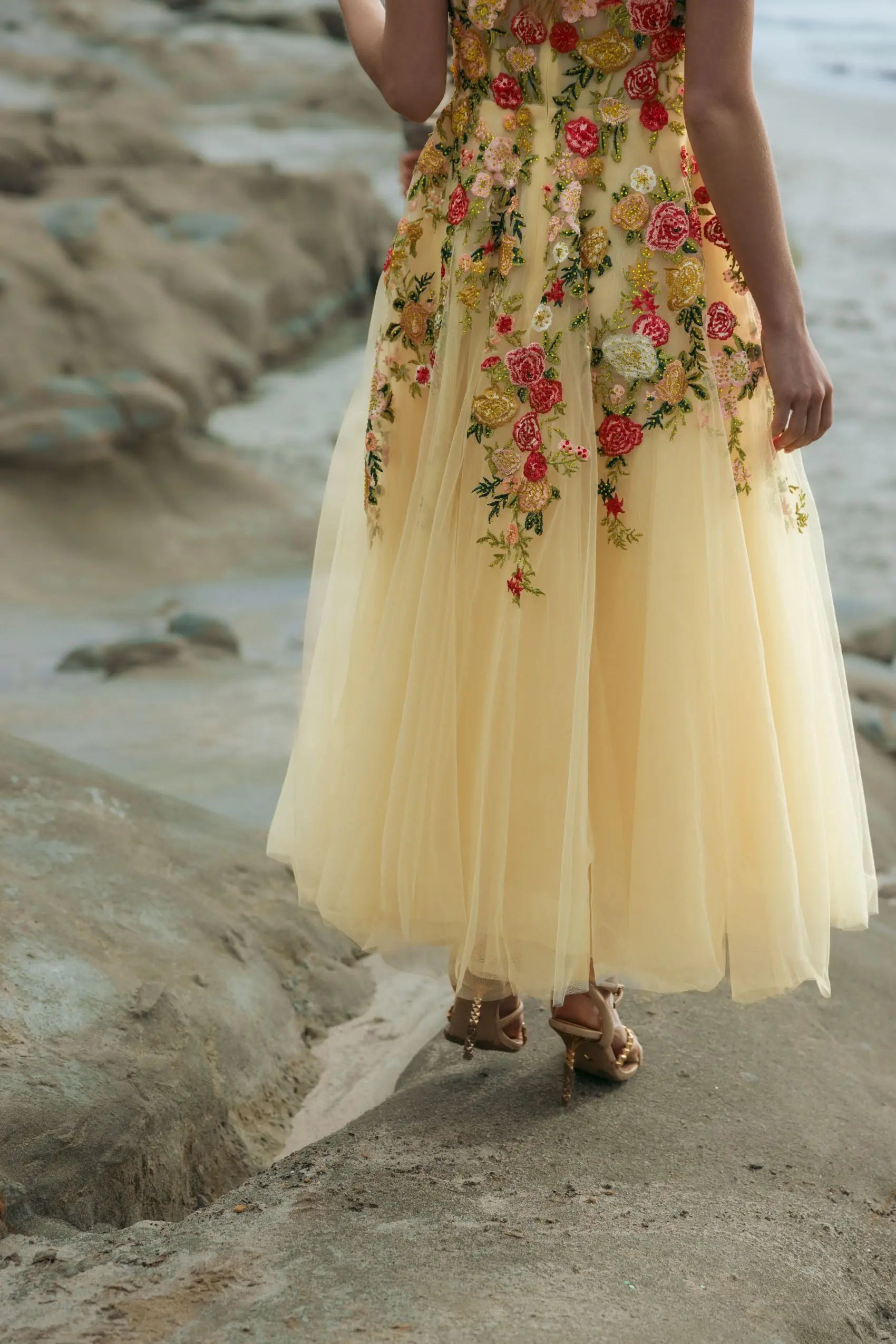 Yellow Embroidered Tulle A-Line Midi Dress-Myartka