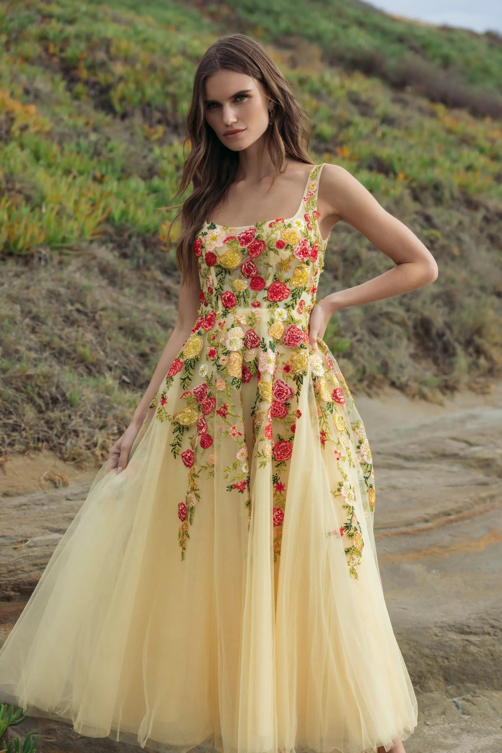 Yellow Embroidered Tulle A-Line Midi Dress-Myartka