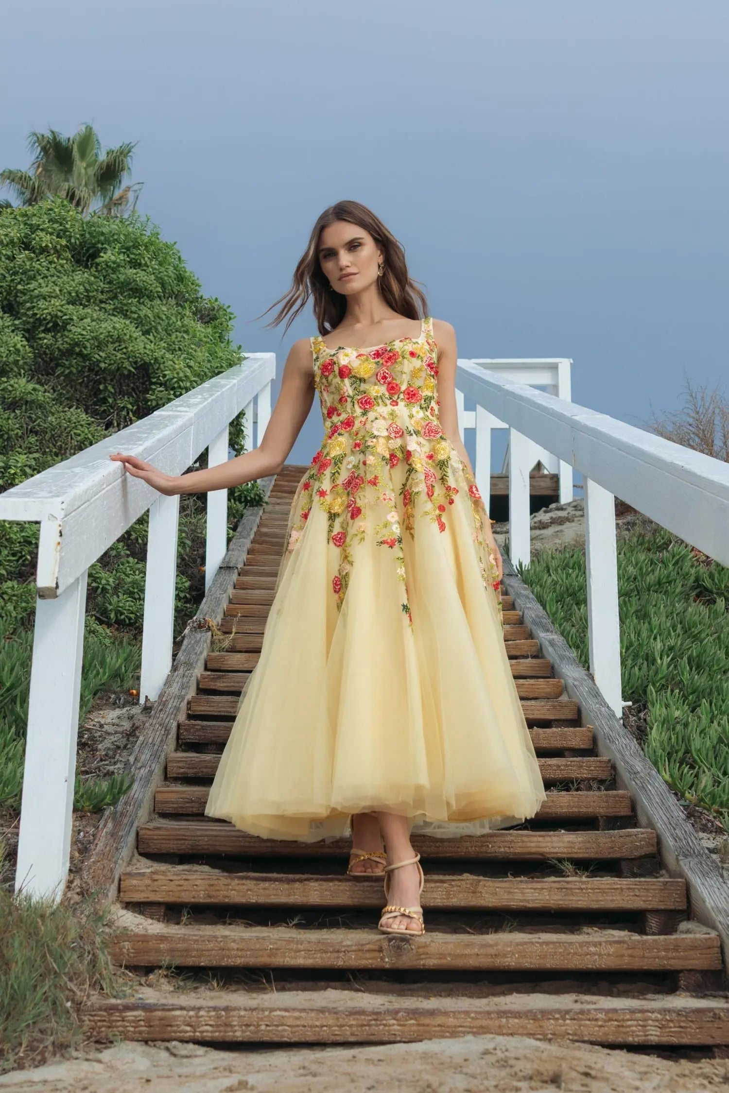 Yellow Embroidered Tulle A-Line Midi Dress-Myartka