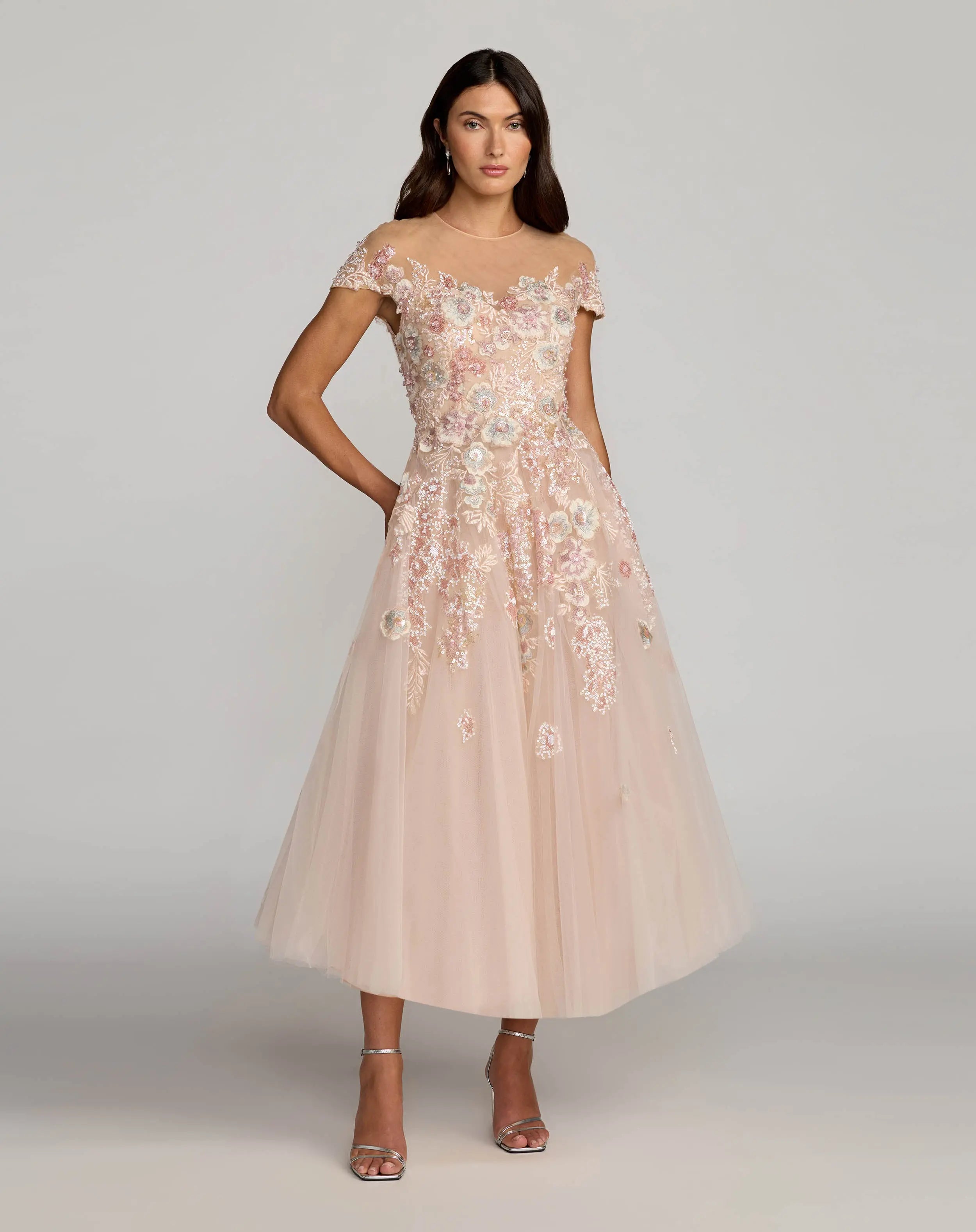 Pink Embroidered Tulle High Neck Cap Sleeve Dress-Myartka