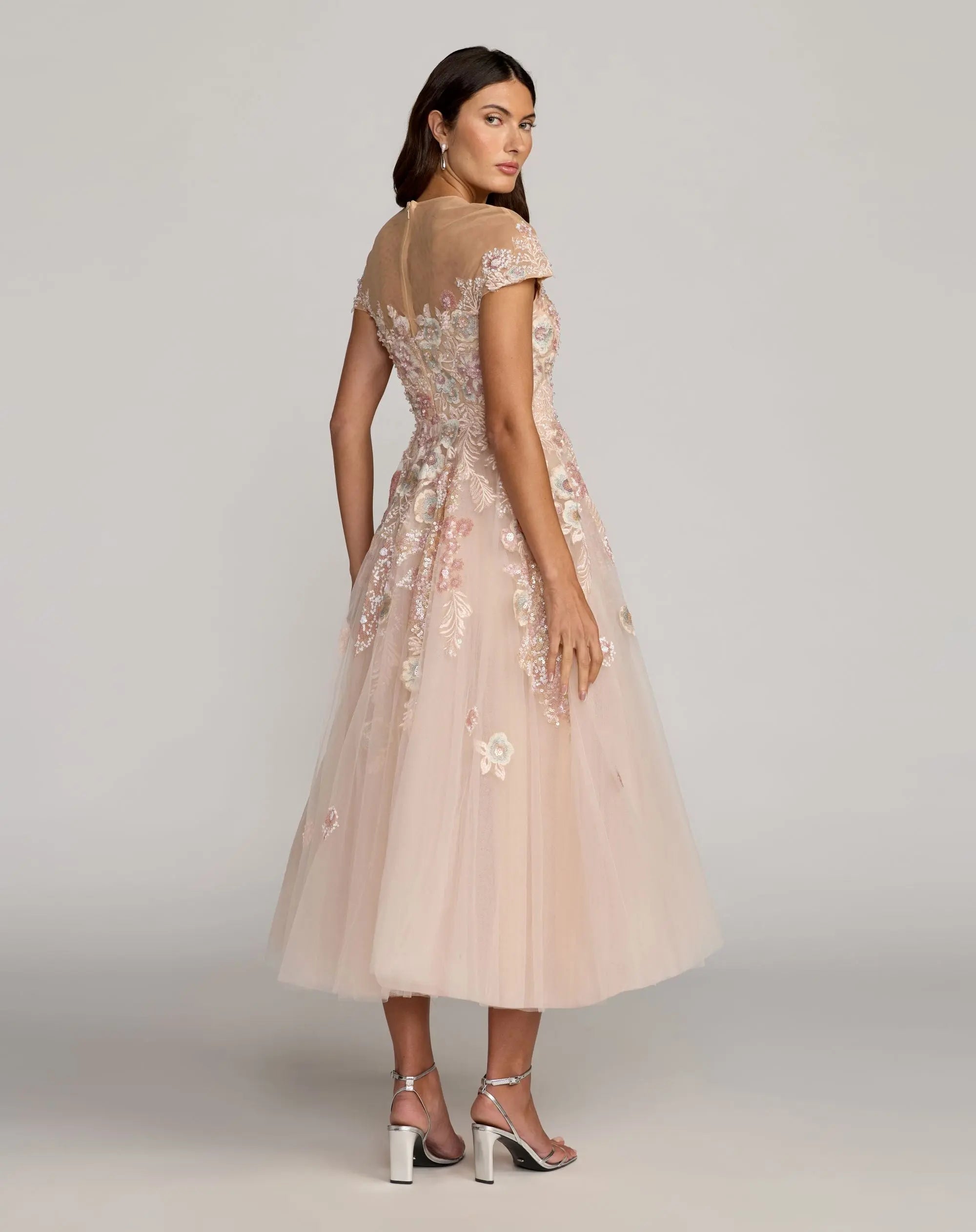 Pink Embroidered Tulle High Neck Cap Sleeve Dress-Myartka