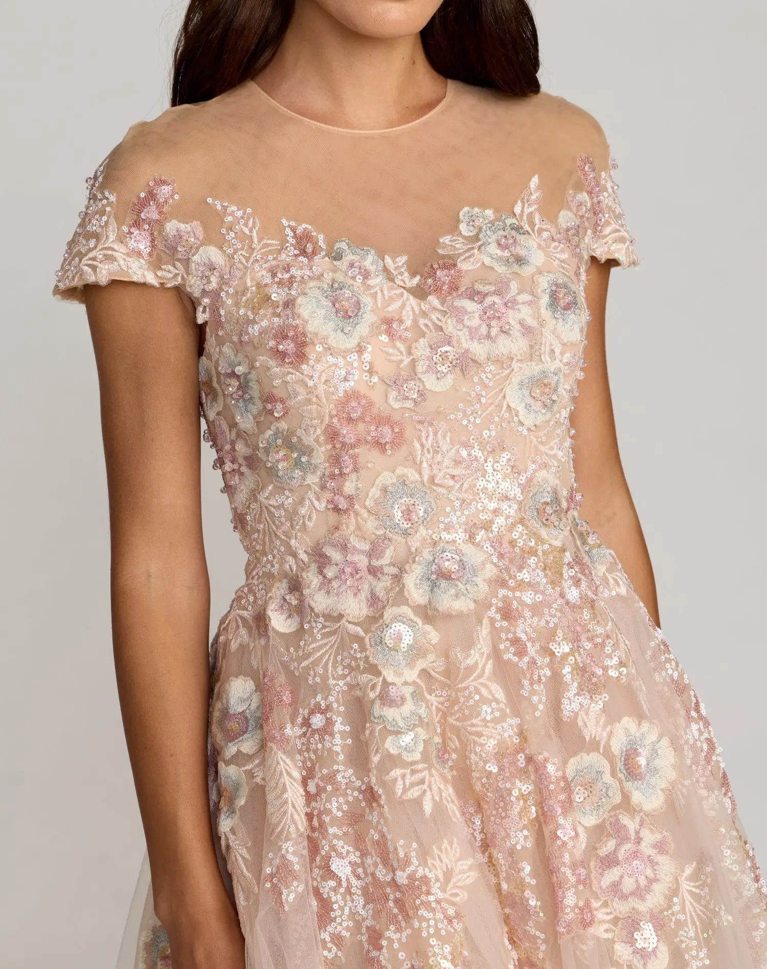 Pink Embroidered Tulle High Neck Cap Sleeve Dress-Myartka