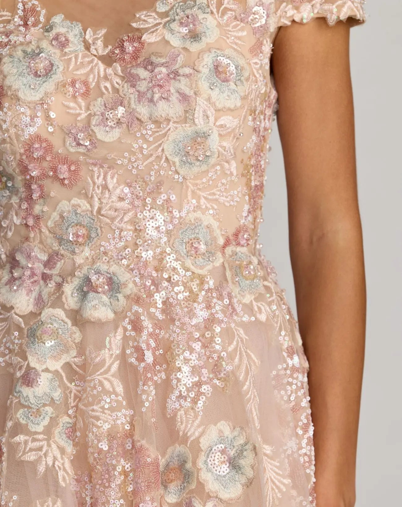 Pink Embroidered Tulle High Neck Cap Sleeve Dress-Myartka