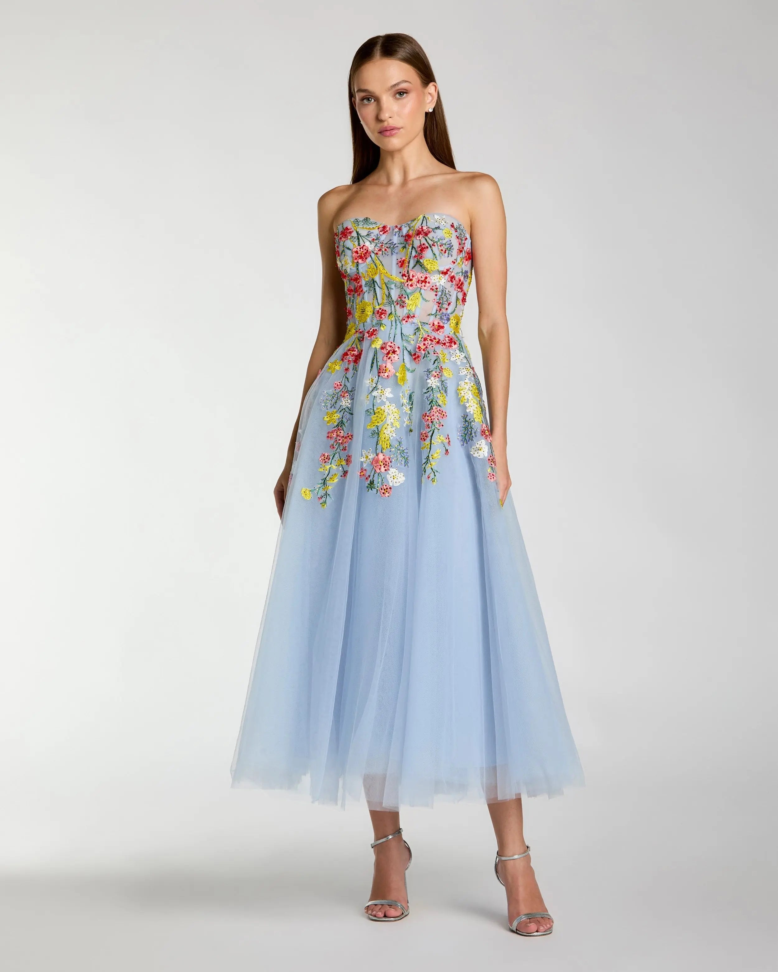 Blue Strapless Floral Embroidered A-Line Midi Dress-Myartka