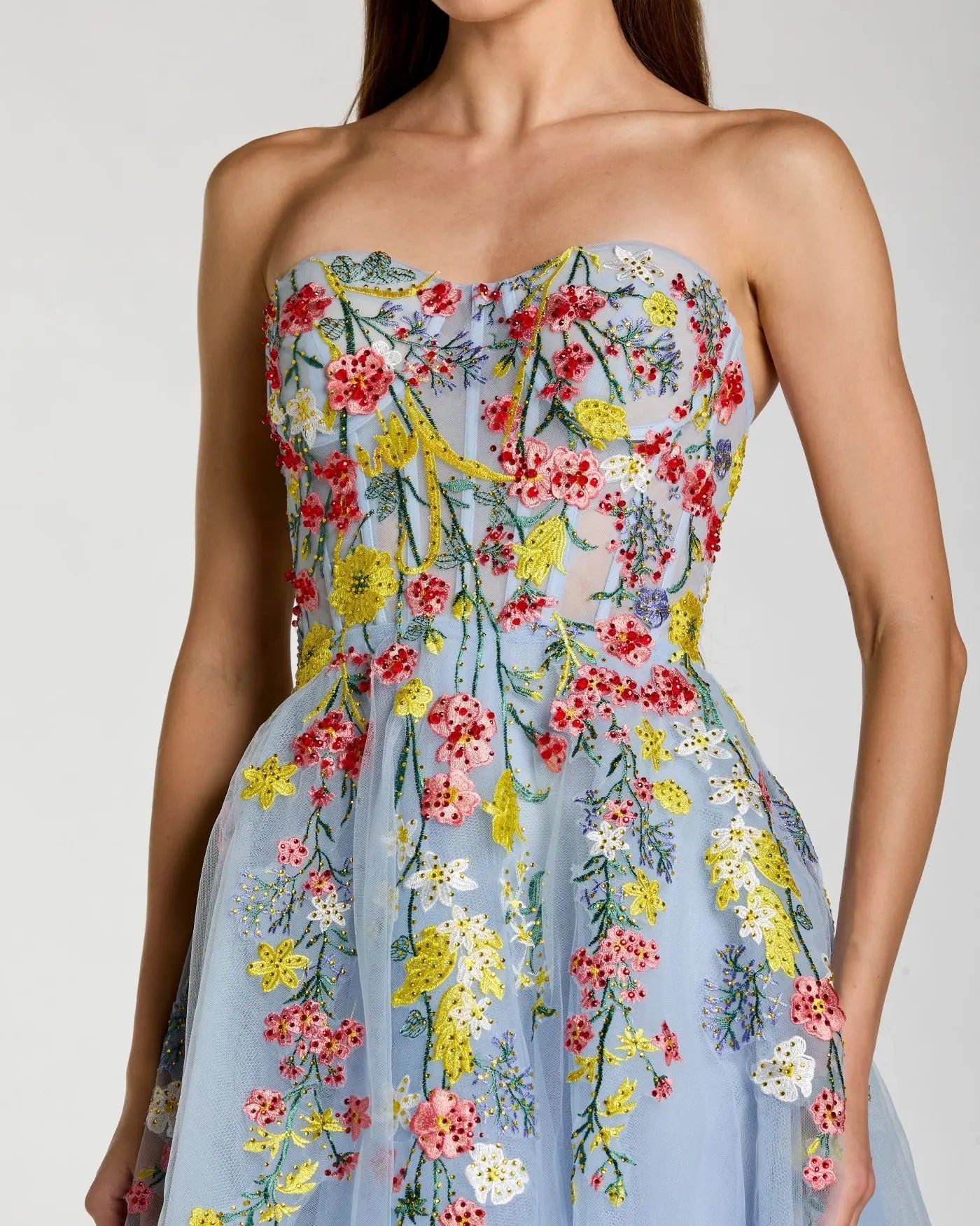 Blue Strapless Floral Embroidered A-Line Midi Dress-Myartka