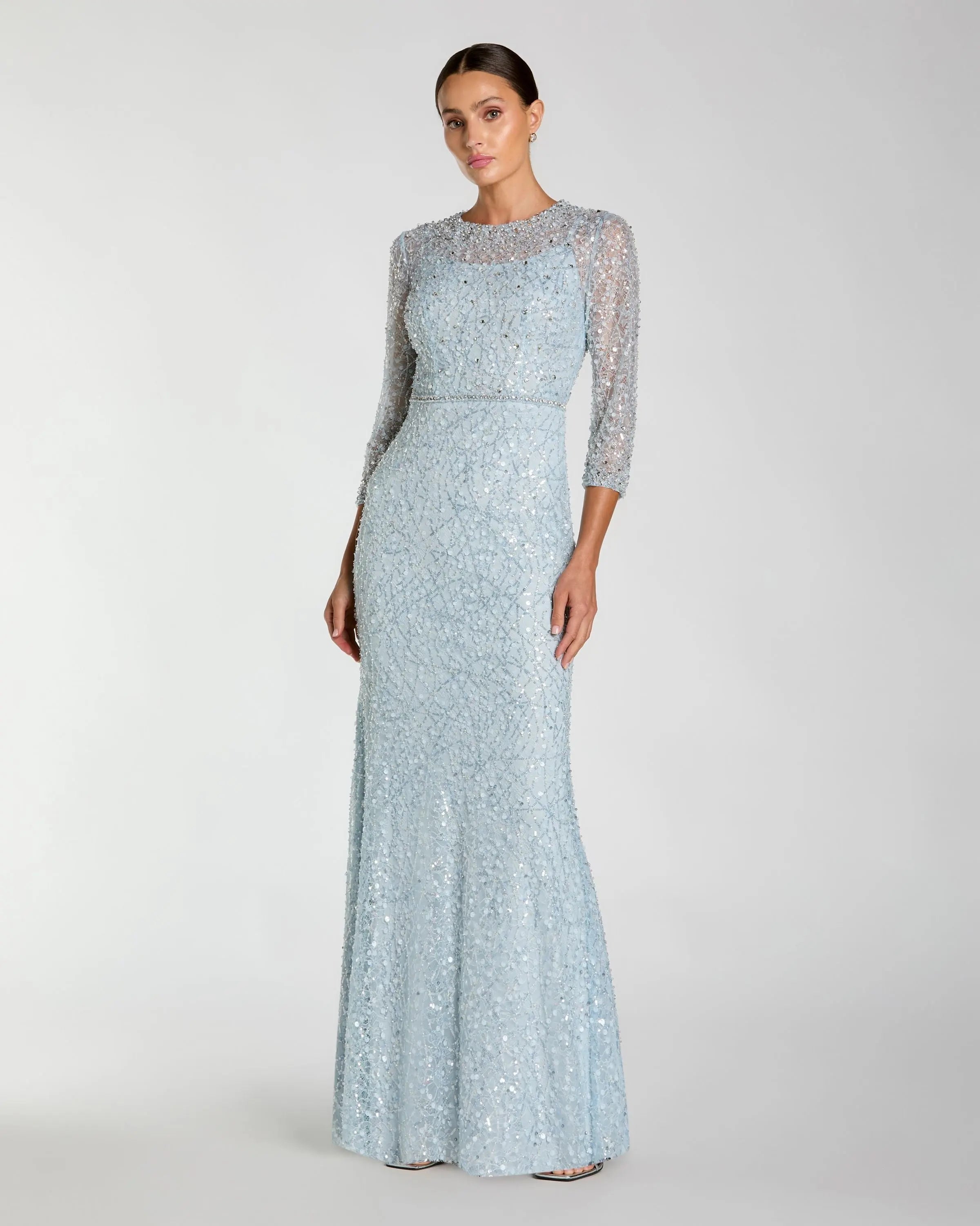 Blue Beaded 3/4 Sleeve Trumpet Gown-Myartka