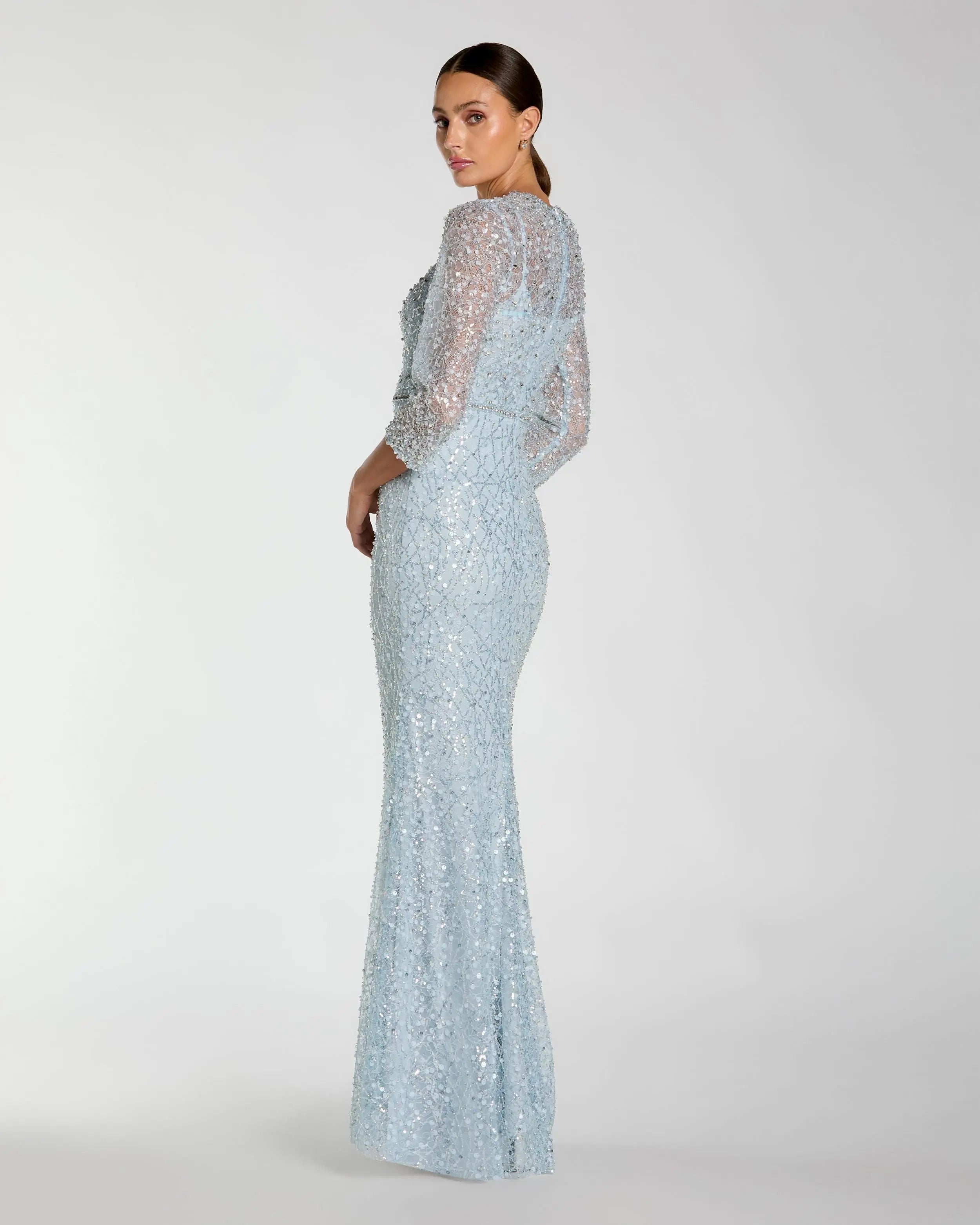 Blue Beaded 3/4 Sleeve Trumpet Gown-Myartka