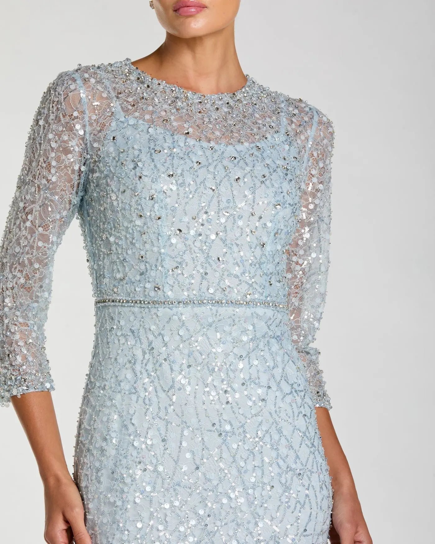 Blue Beaded 3/4 Sleeve Trumpet Gown-Myartka