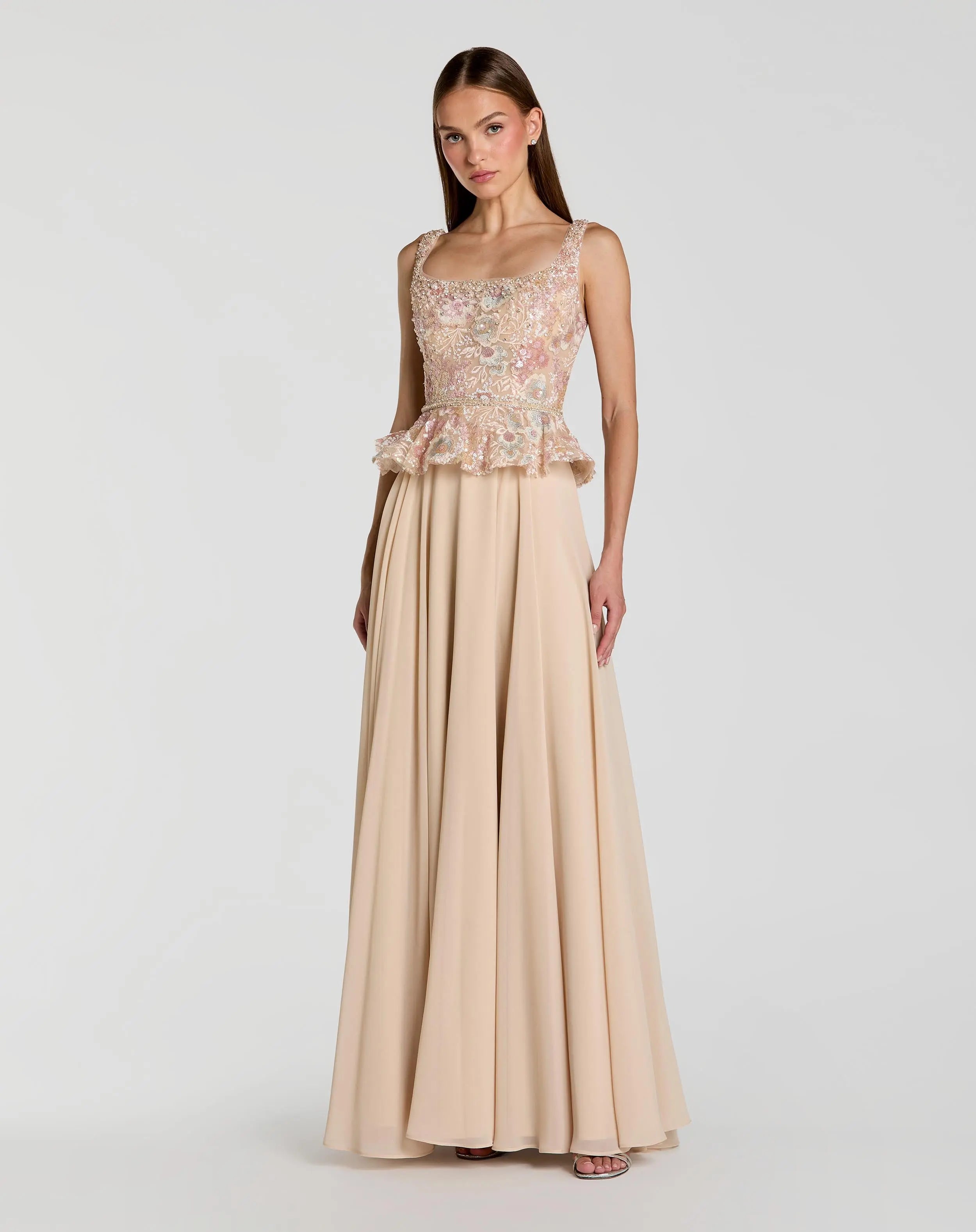 Beige Embroidered Peplum Top With Chiffon Skirt Gown-Myartka