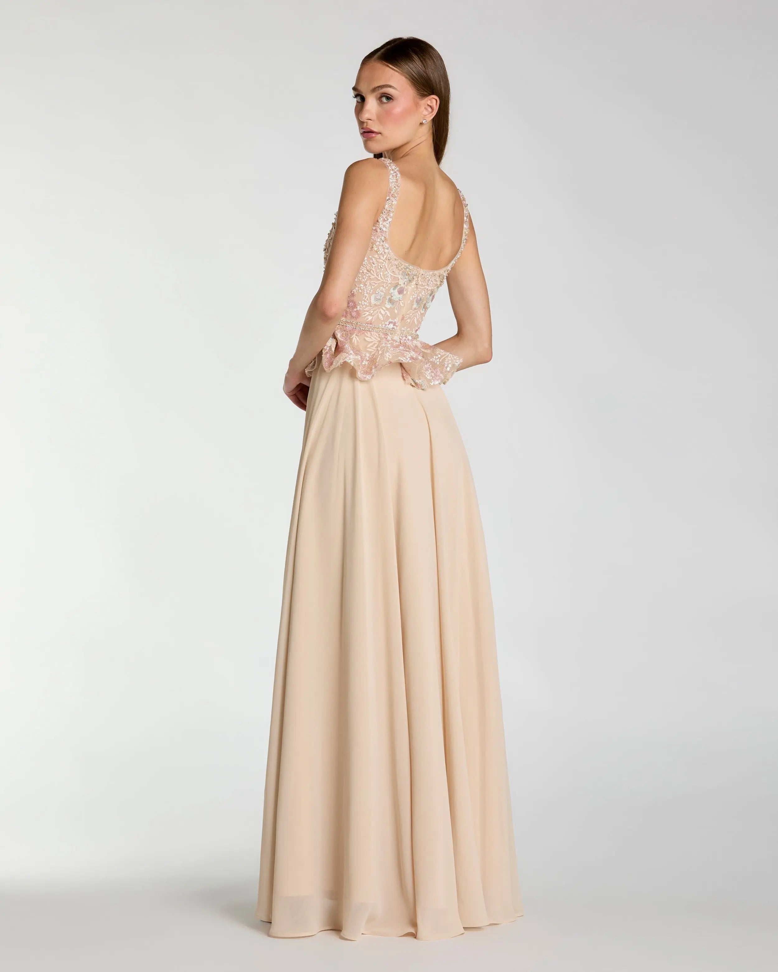 Beige Embroidered Peplum Top With Chiffon Skirt Gown-Myartka