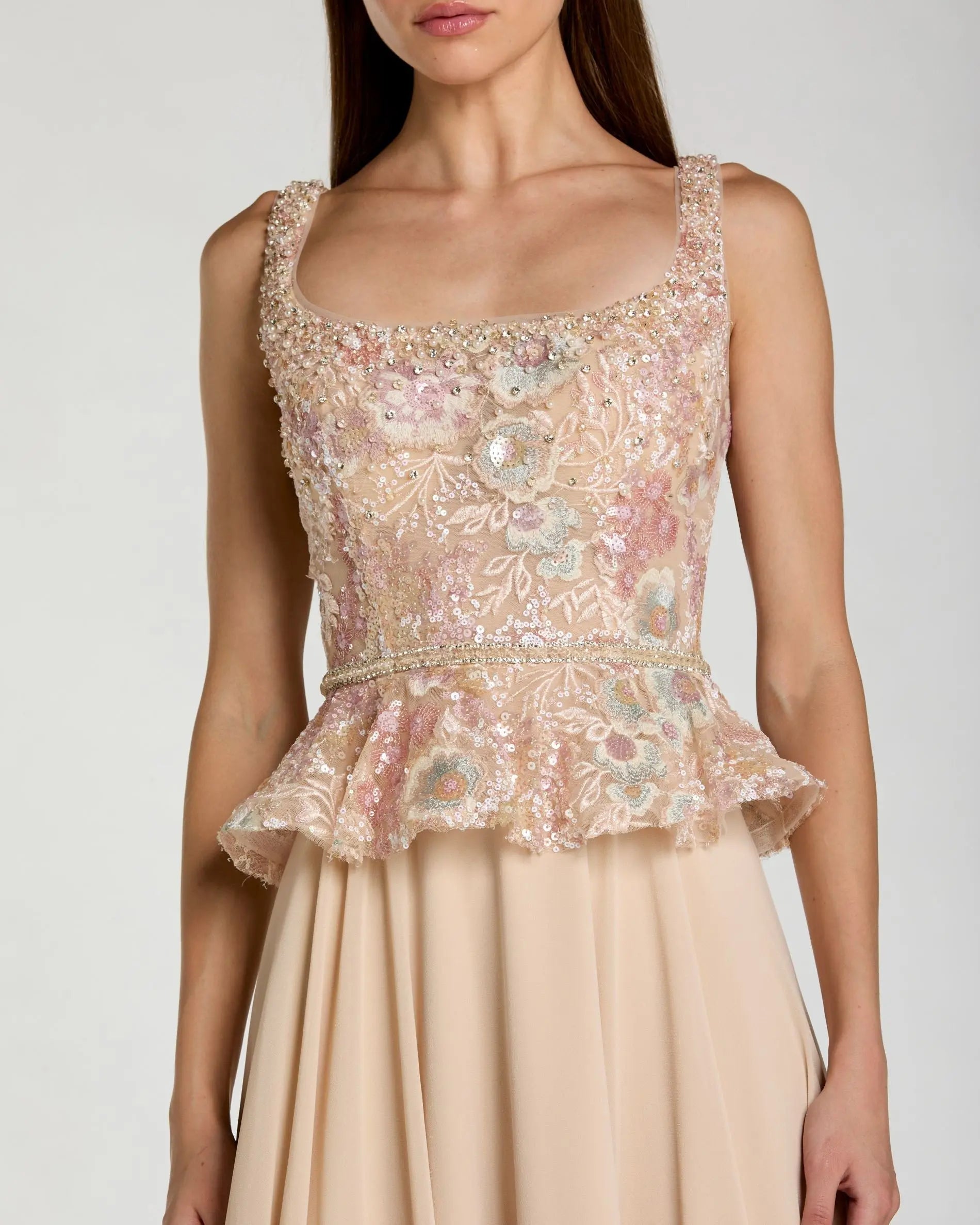 Beige Embroidered Peplum Top With Chiffon Skirt Gown-Myartka