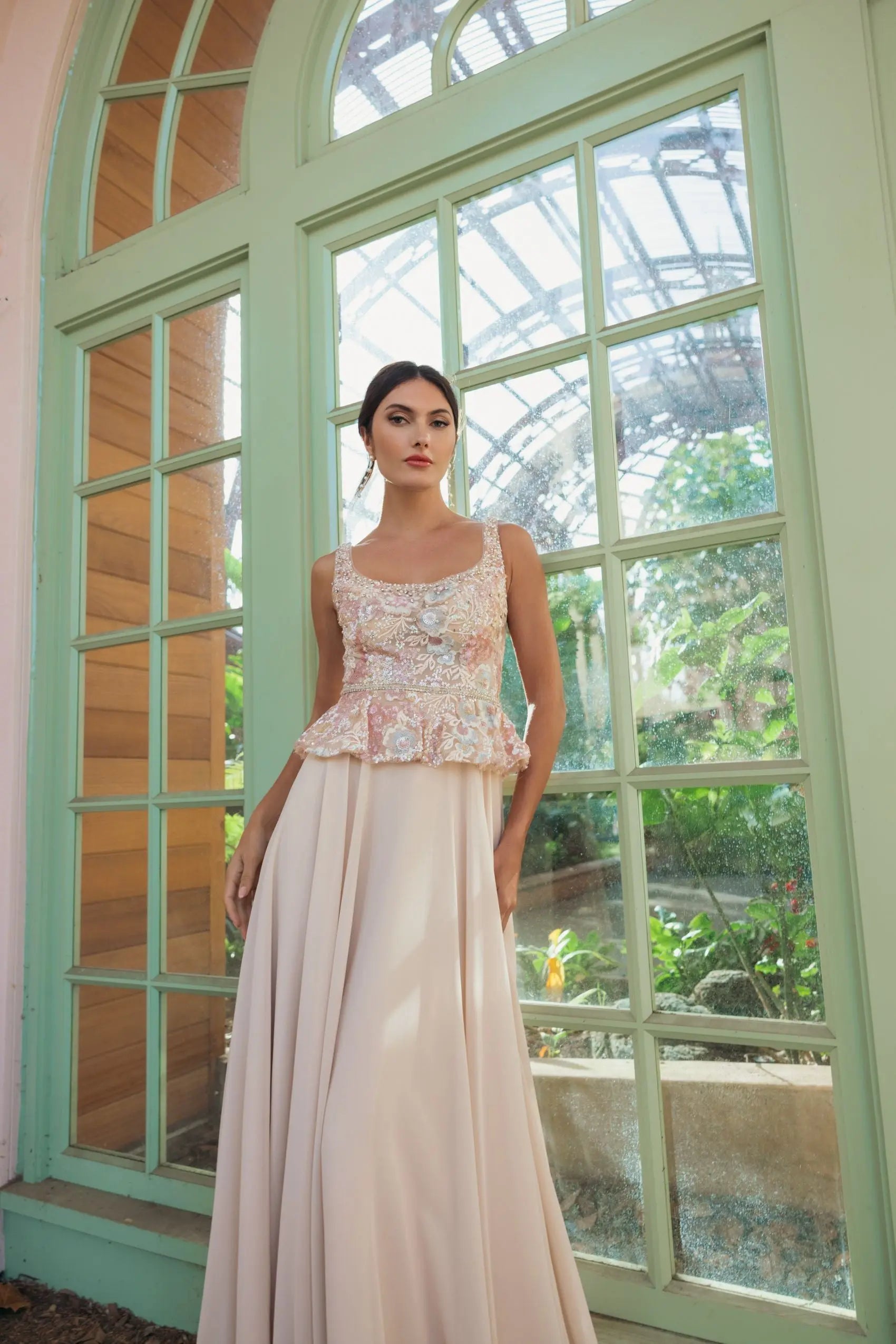 Beige Embroidered Peplum Top With Chiffon Skirt Gown-Myartka