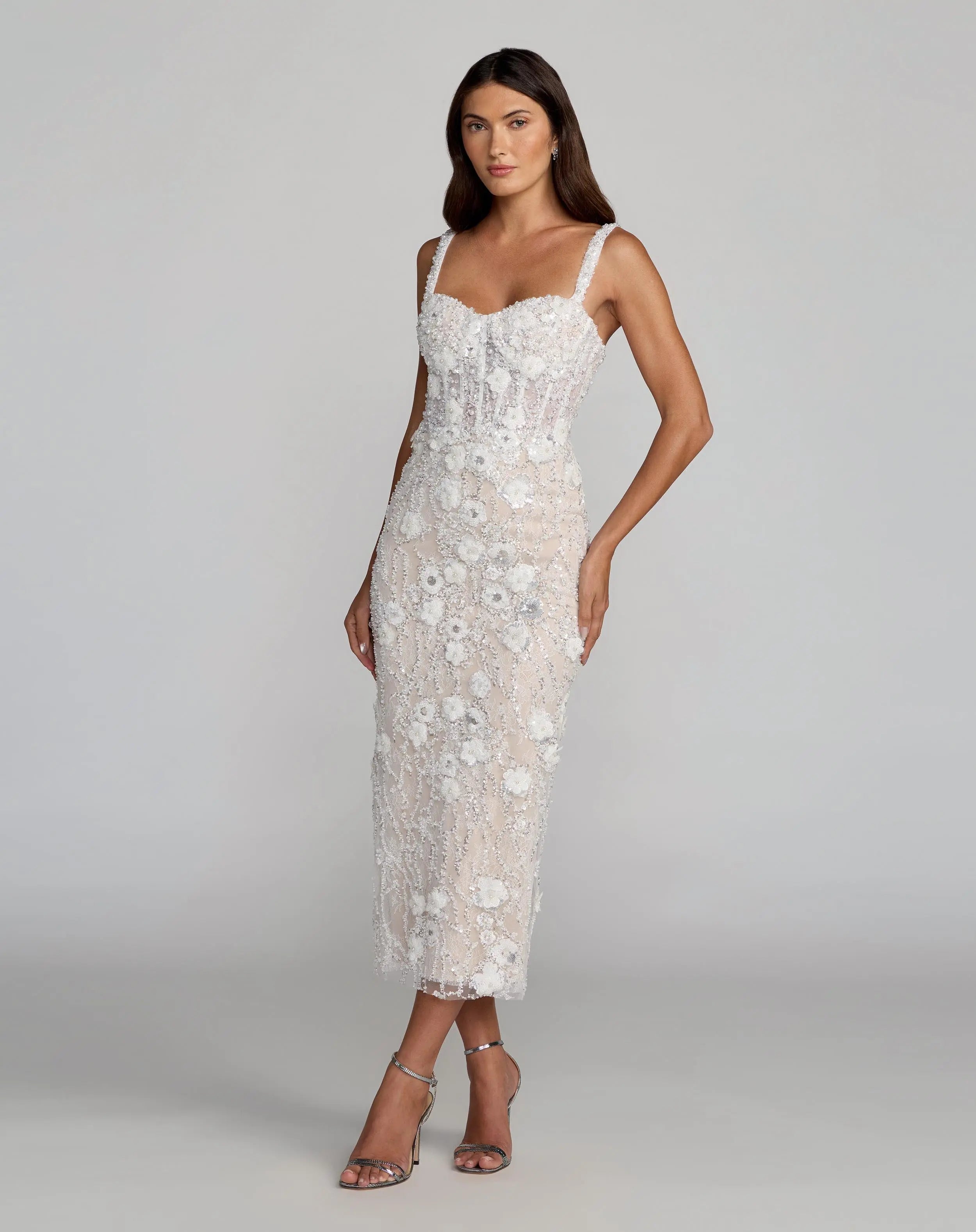 Ivory Embellished Lace Sleeveless Midi Dress-Myartka