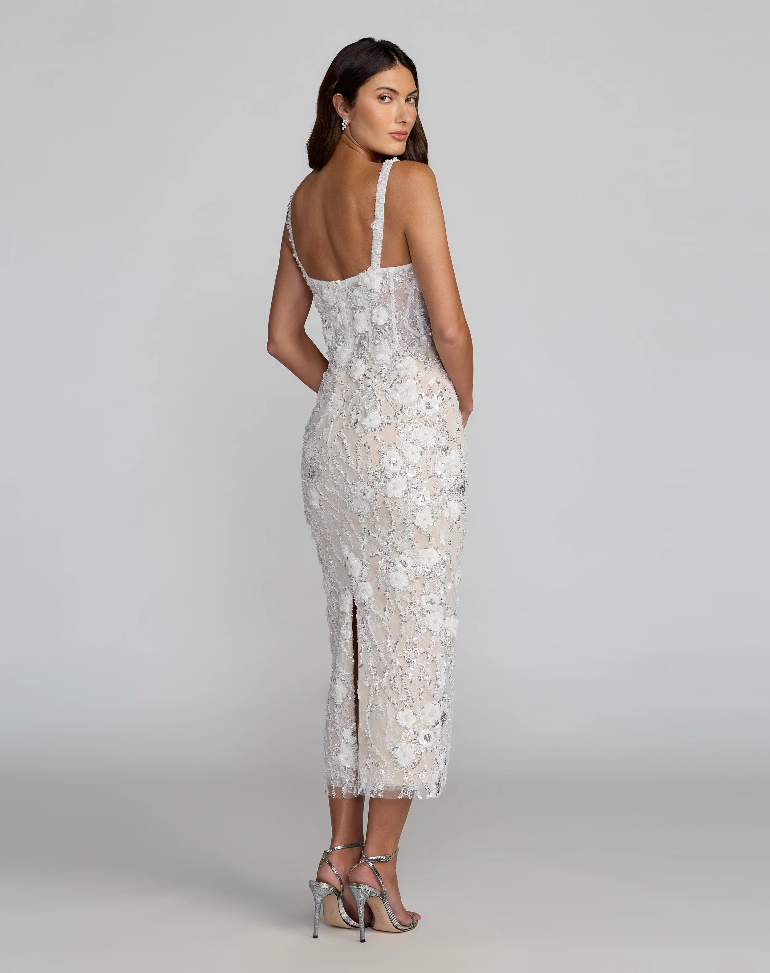 Ivory Embellished Lace Sleeveless Midi Dress-Myartka