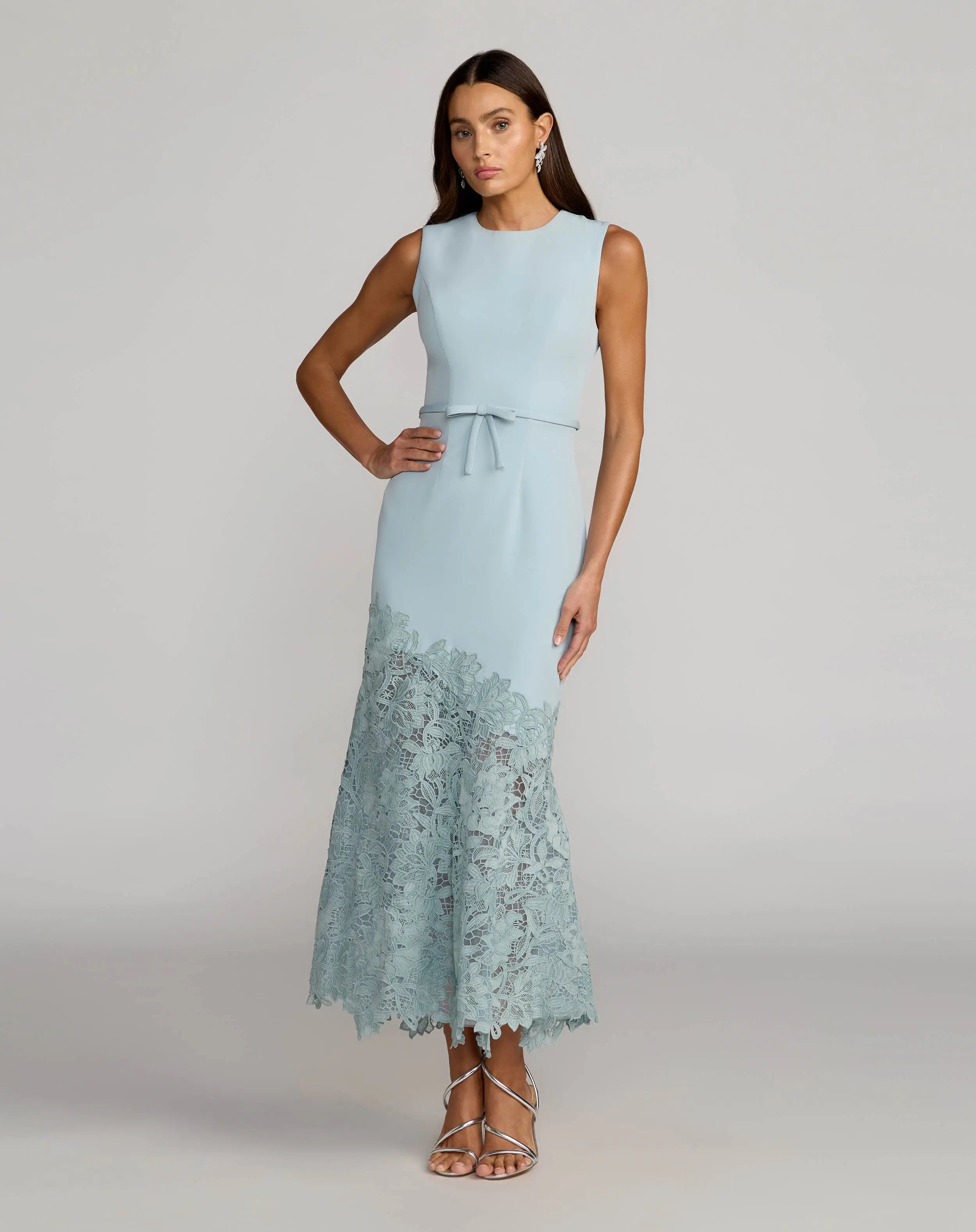 Blue Embroidered Hem Sleeveless Midi Dress with Bow-Myartka