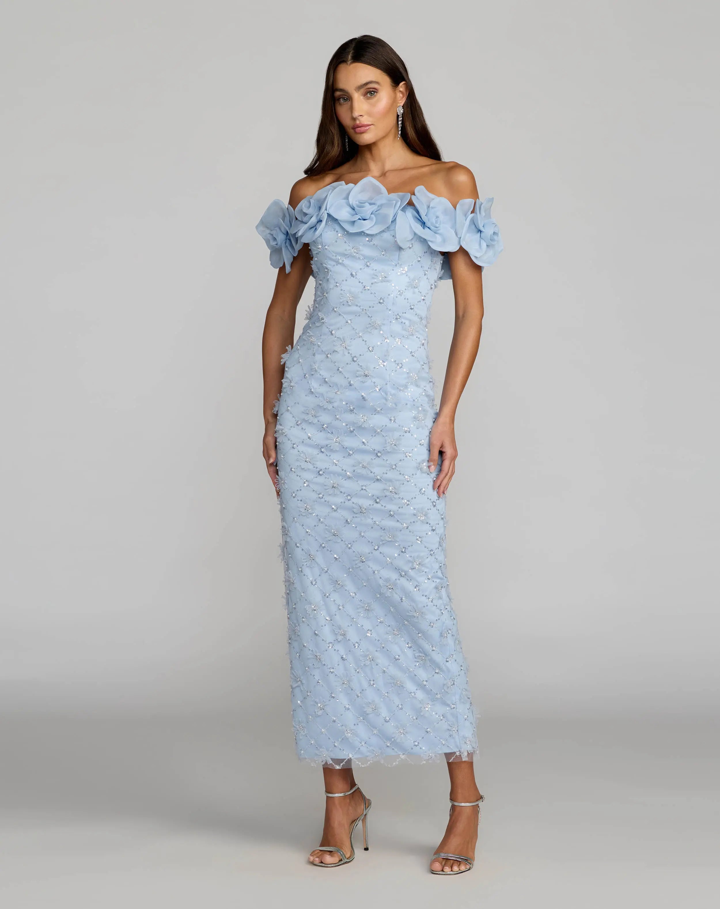 Blue Off The Shoulder Embellished Dress With 3D Flower Detail-Myartka