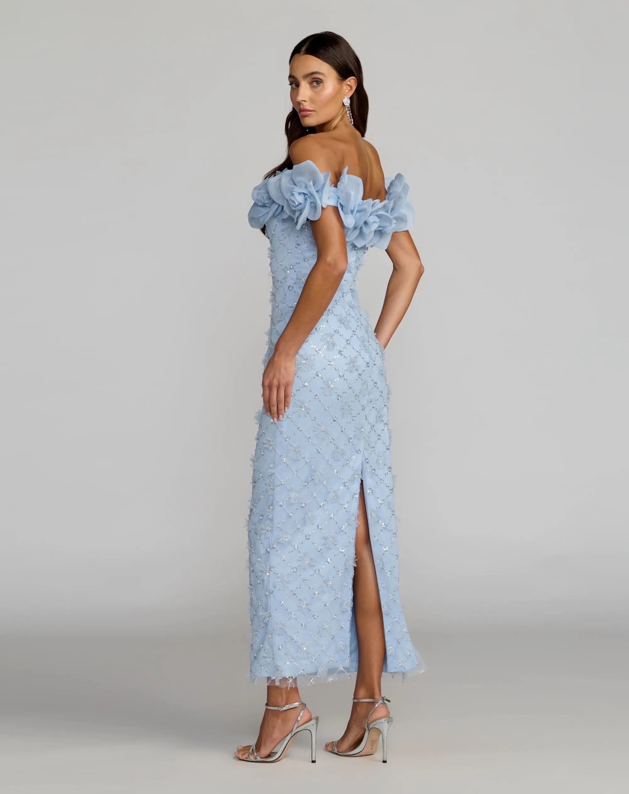 Blue Off The Shoulder Embellished Dress With 3D Flower Detail-Myartka