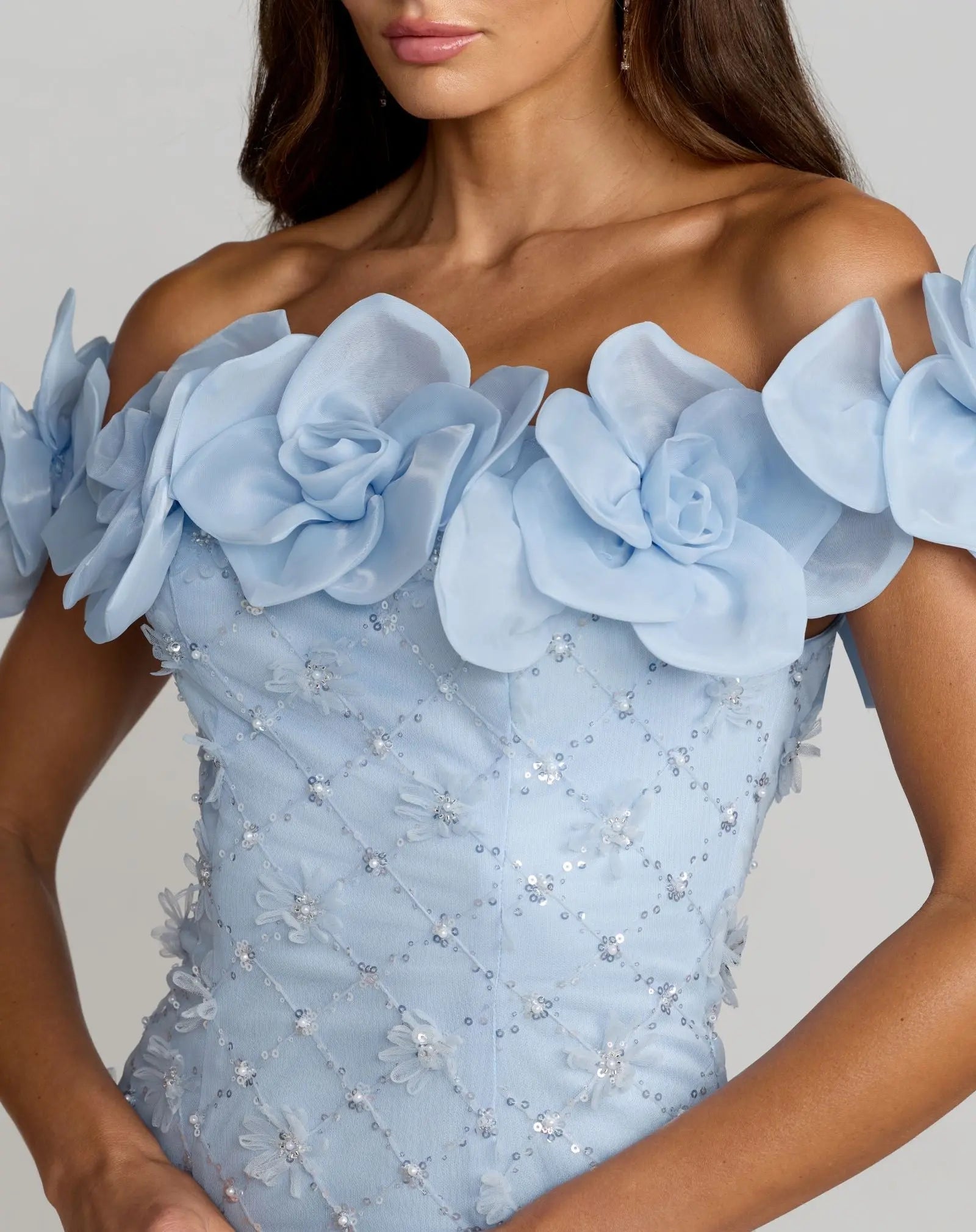 Blue Off The Shoulder Embellished Dress With 3D Flower Detail-Myartka